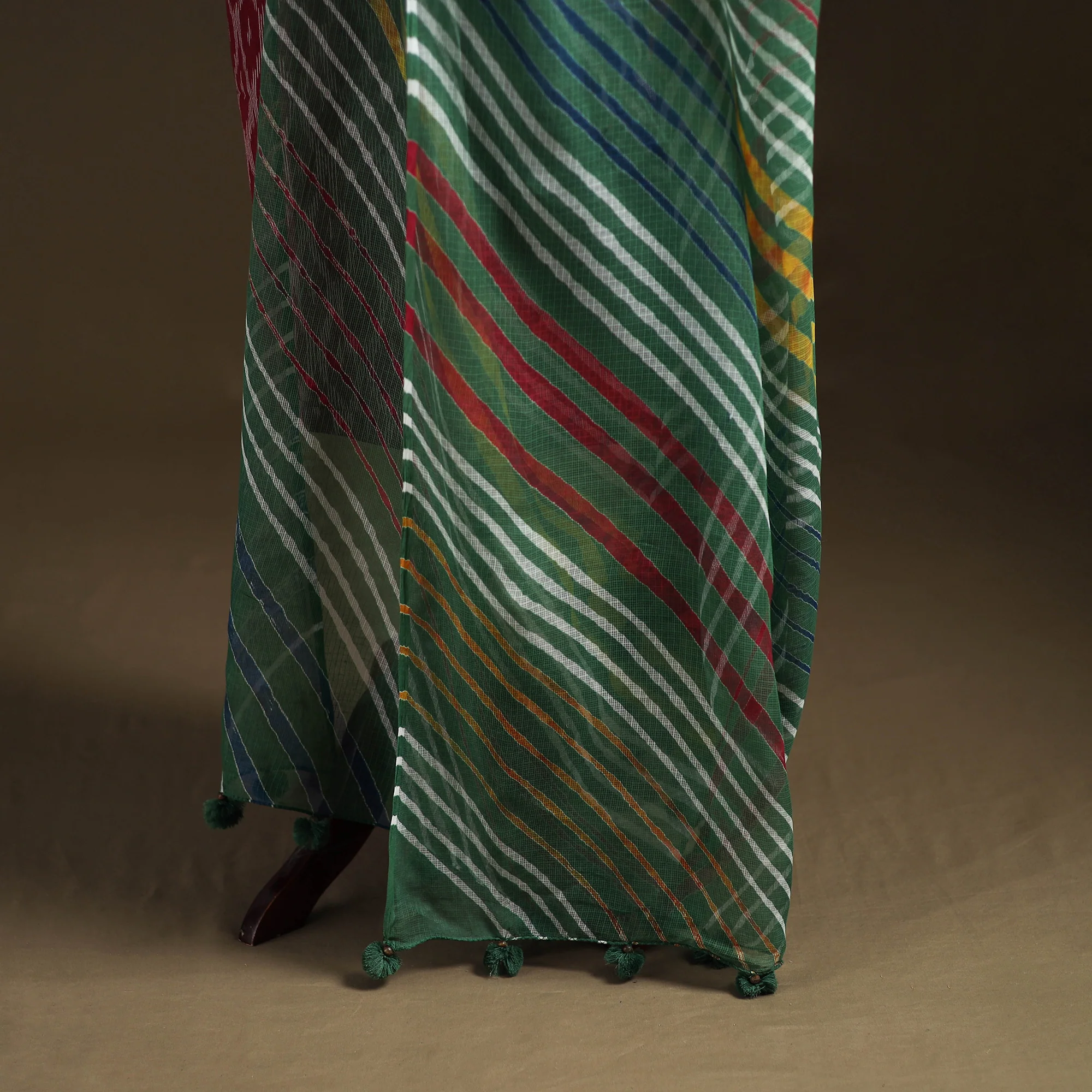 Green - Kota Doria Cotton Tie-Dye Leheriya Dupatta with Tassels 04 - Image 4