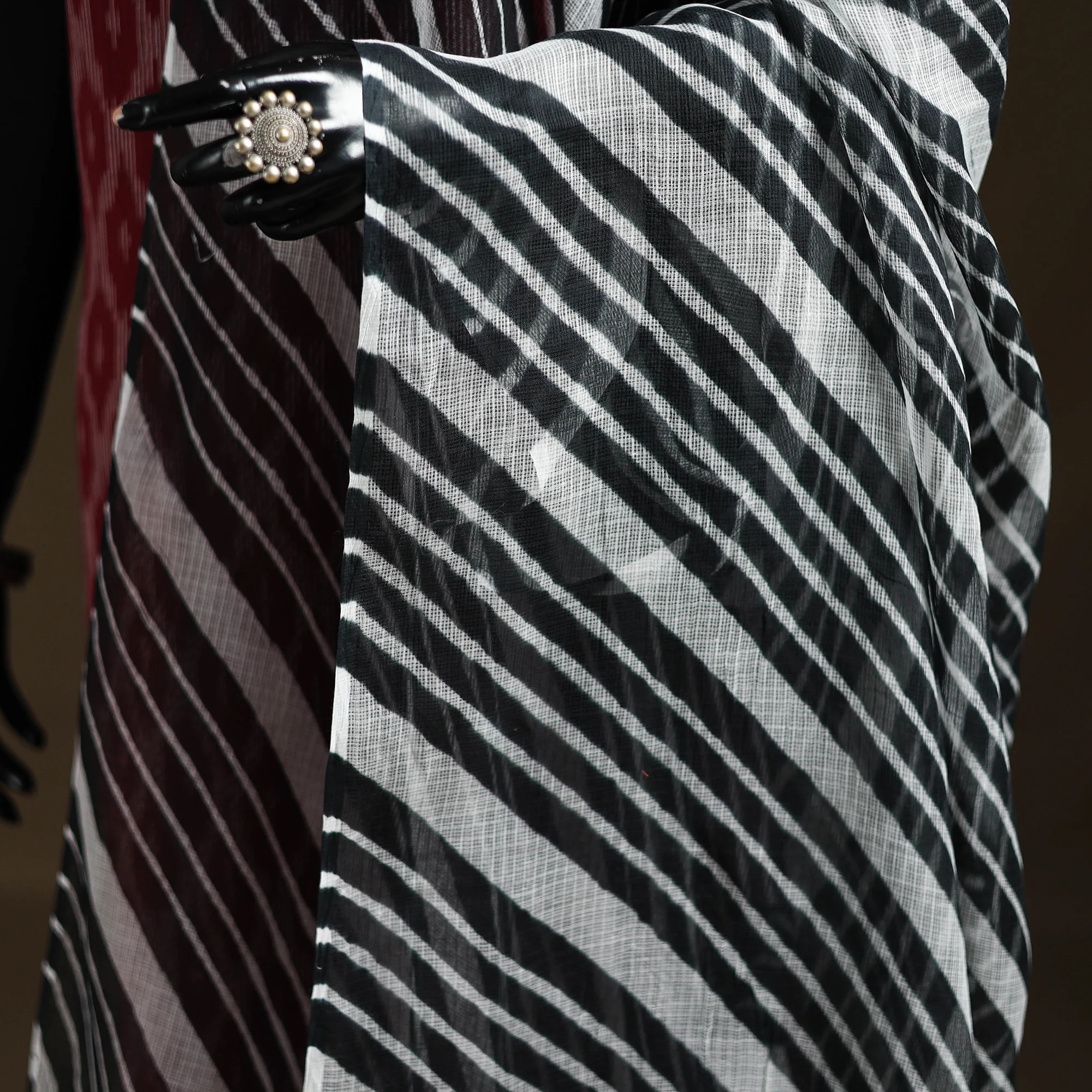 Black - Kota Doria Cotton Tie-Dye Leheriya Dupatta with Tassels 05 - Image 3
