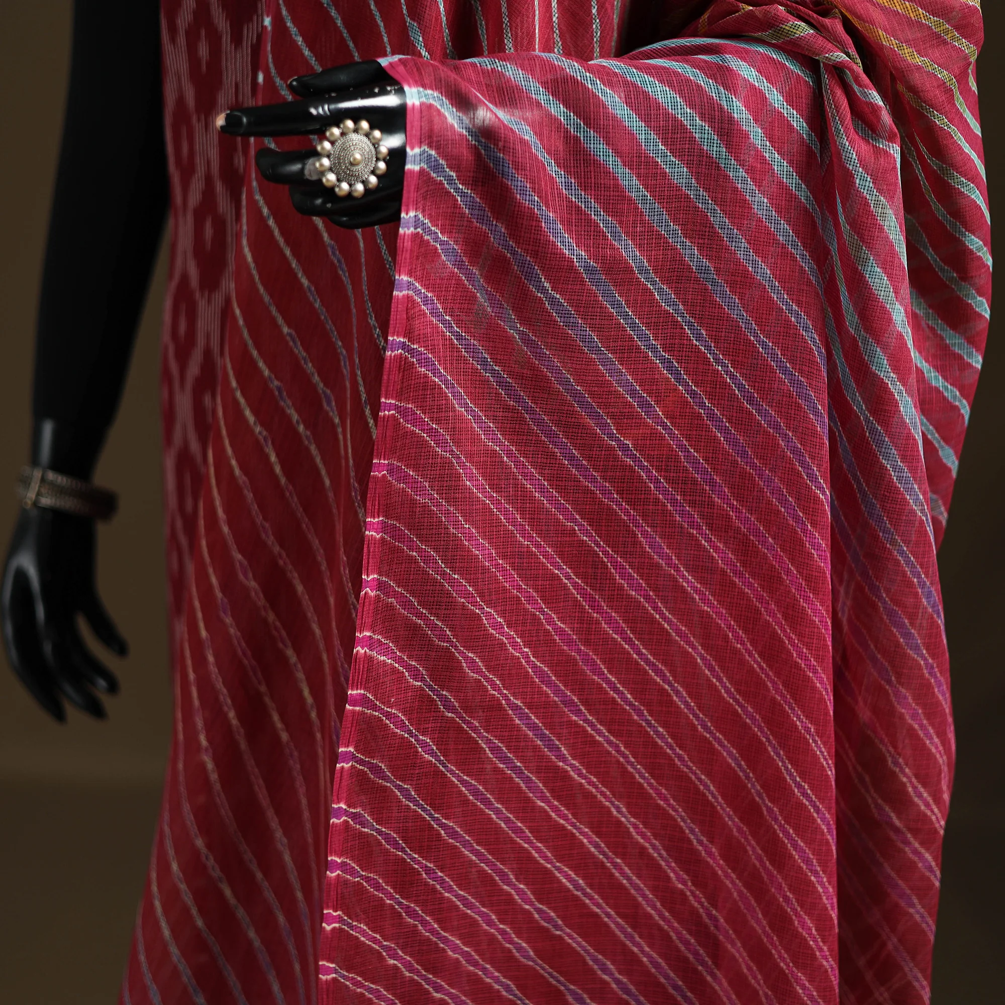Red - Kota Doria Cotton Tie-Dye Leheriya Dupatta with Tassels 08 - Image 3