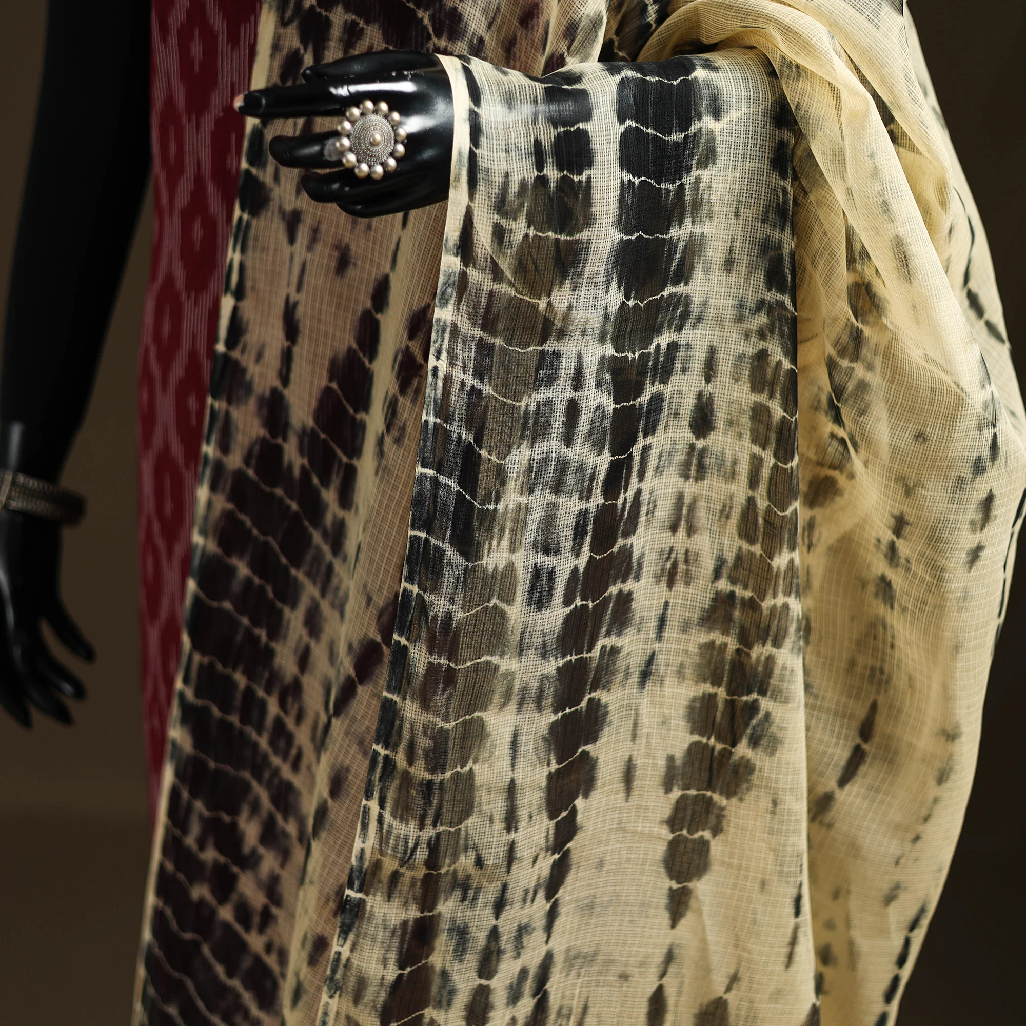Beige - Kota Doria Cotton Tie-Dye Shibori Dupatta with Tassels 13 - Image 3