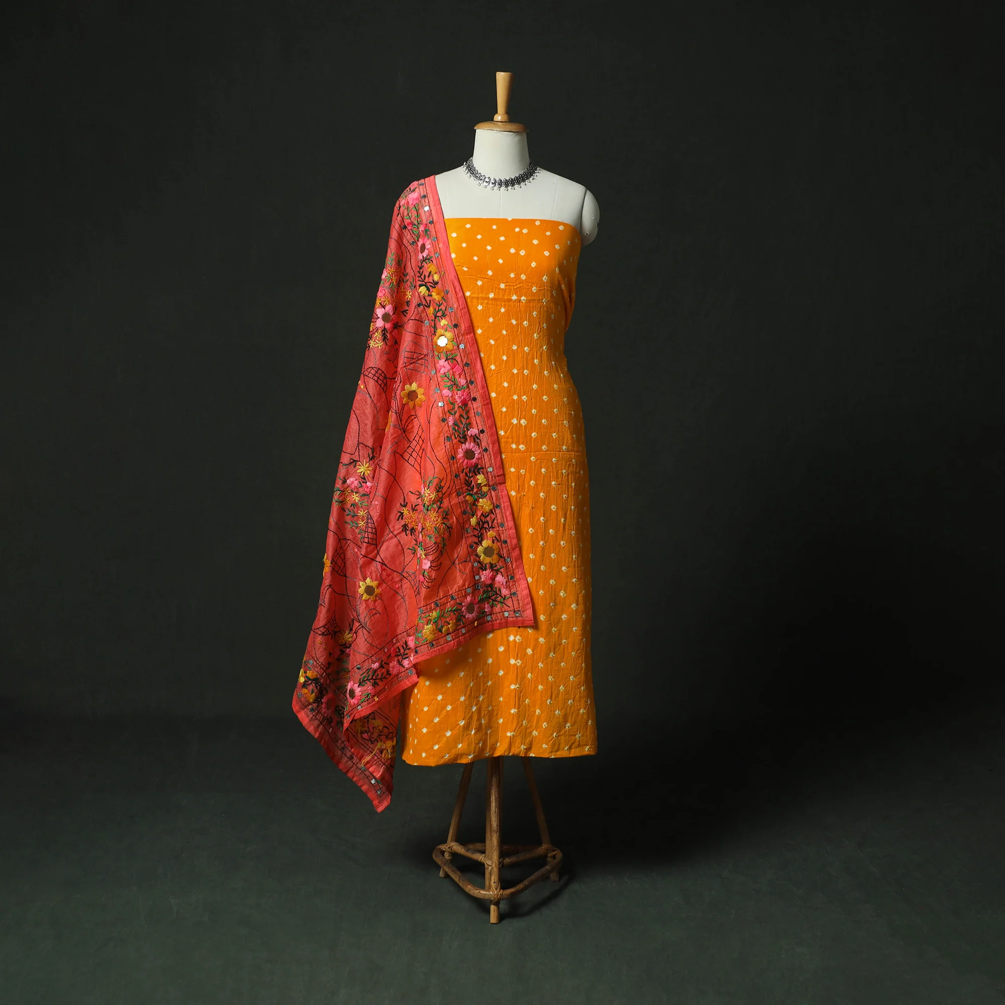 Yellow - Kutch Bandhani Tie-Dye Cotton 2pc Unstitched Dress Material Kurta Set with Earrings 01