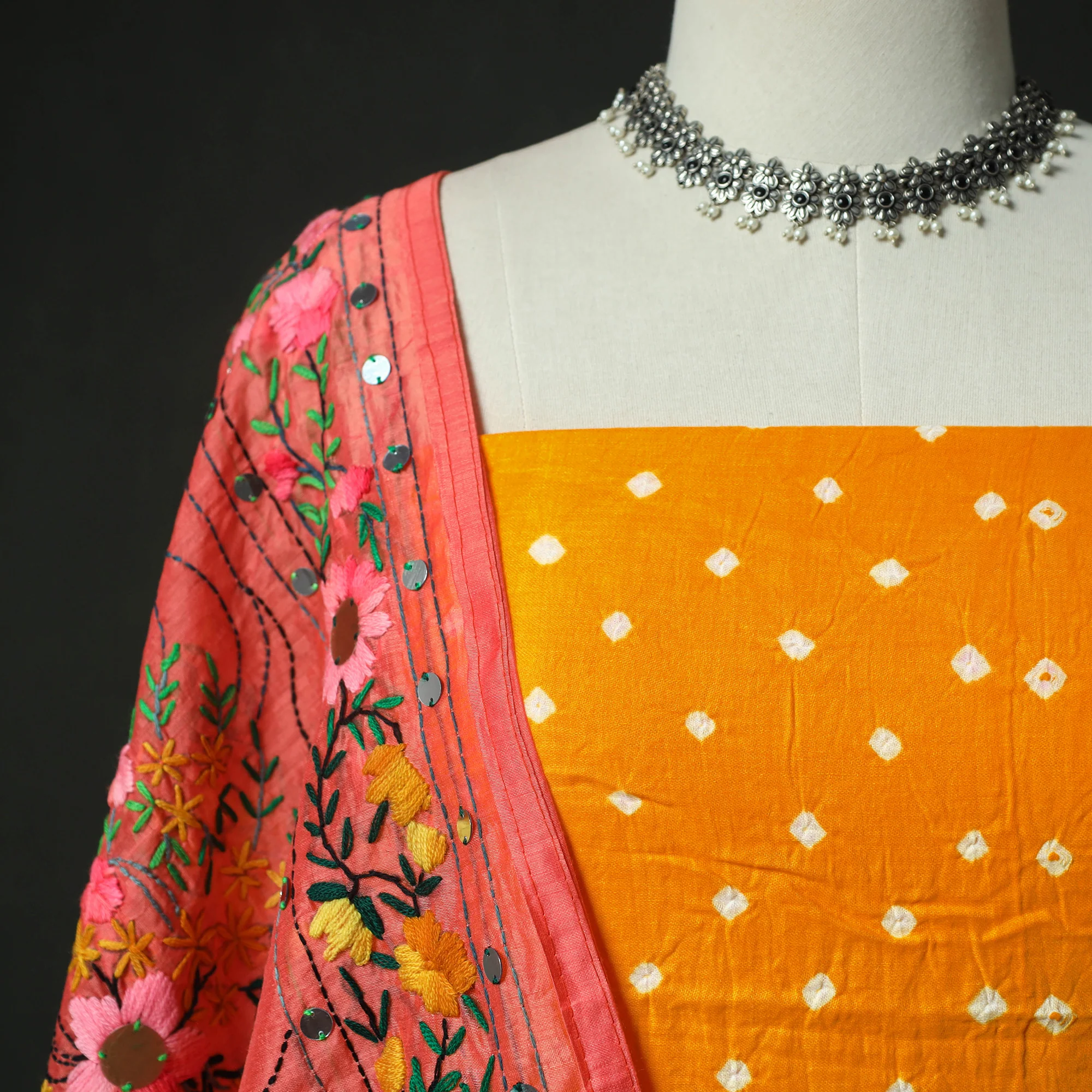 Yellow - Kutch Bandhani Tie-Dye Cotton 2pc Unstitched Dress Material Kurta Set with Earrings 01 - Image 3