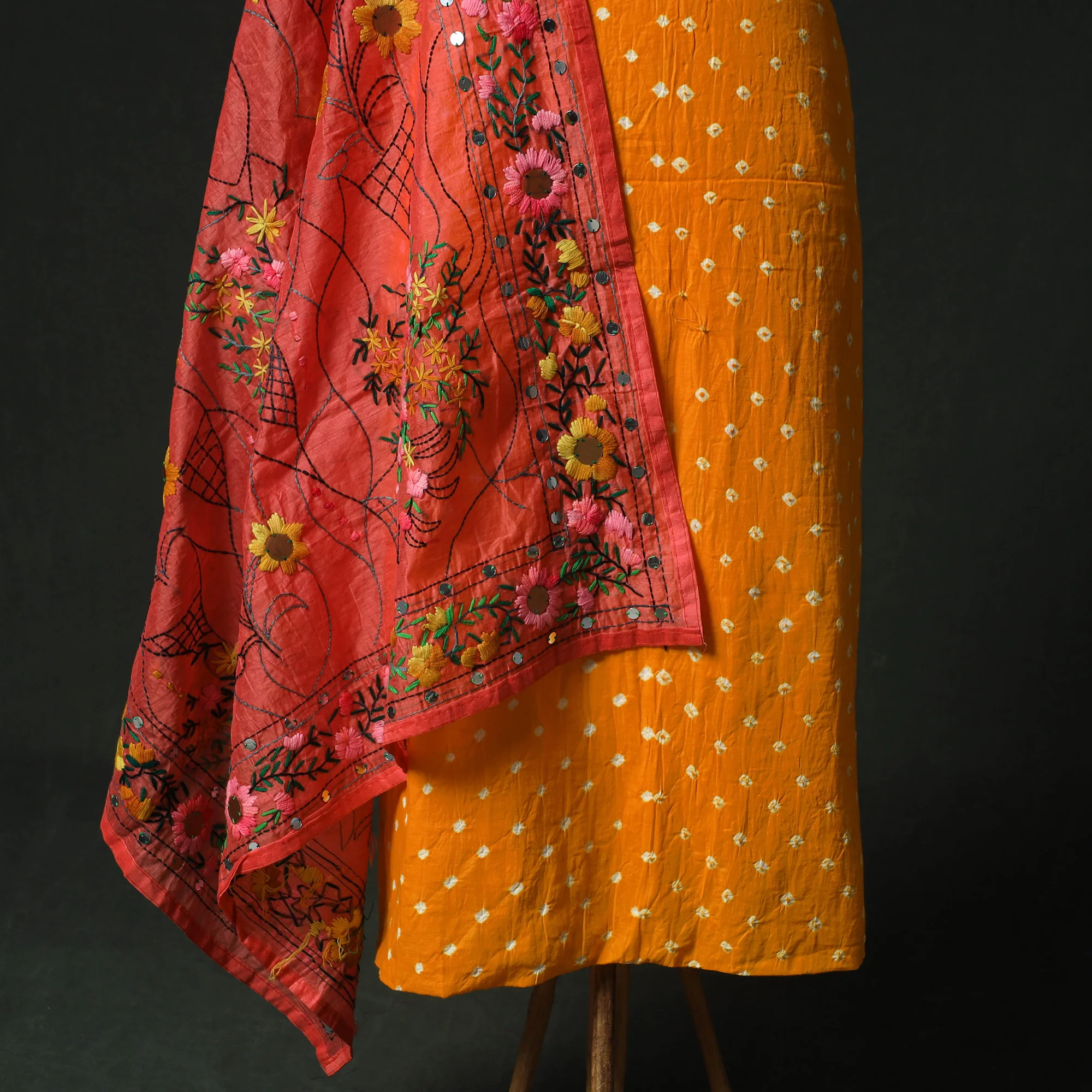 Yellow - Kutch Bandhani Tie-Dye Cotton 2pc Unstitched Dress Material Kurta Set with Earrings 01 - Image 4