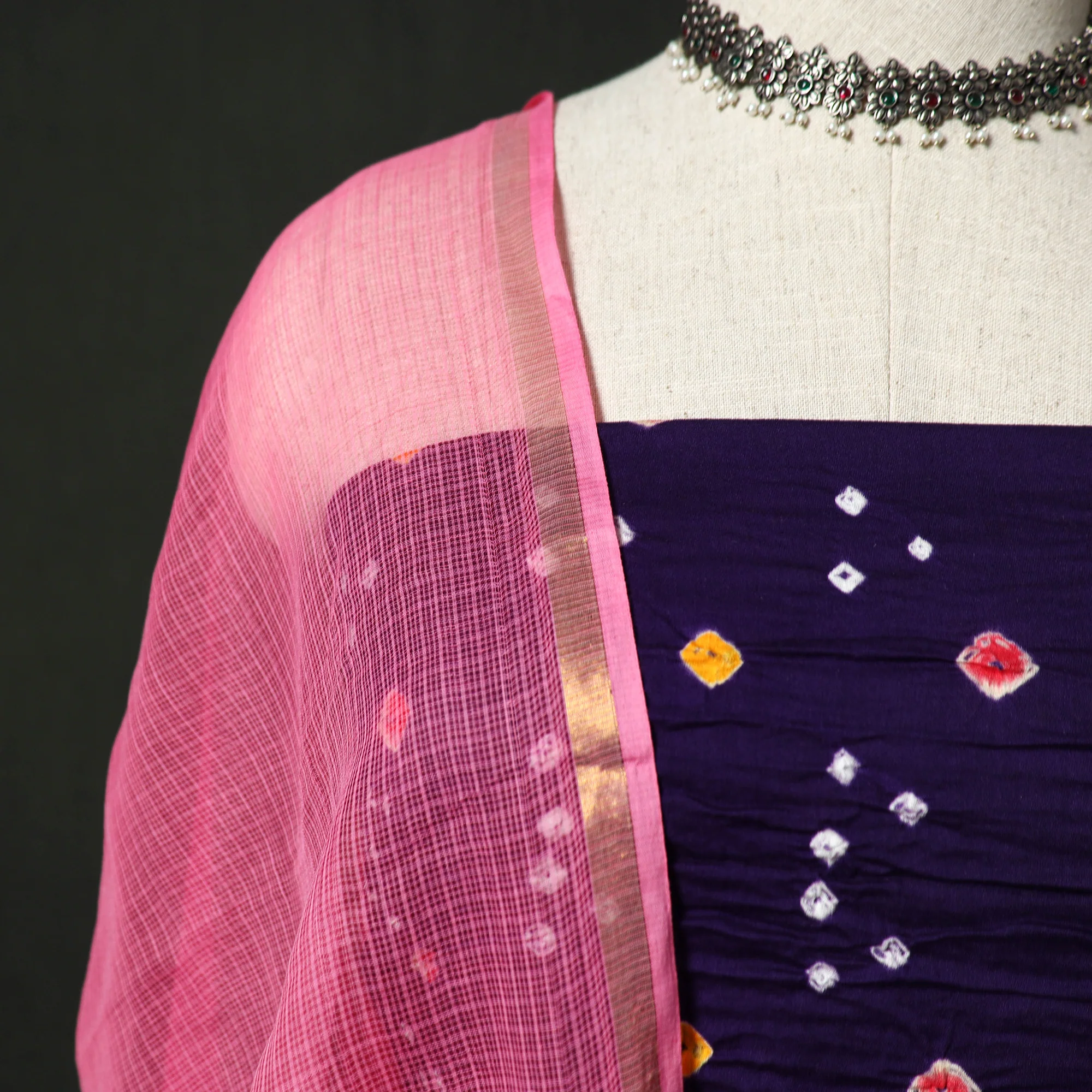 Kutch Bandhani Tie-Dye Cotton 2pc Unstitched Dress Material Kurta Set with Earrings 01 - Image 3