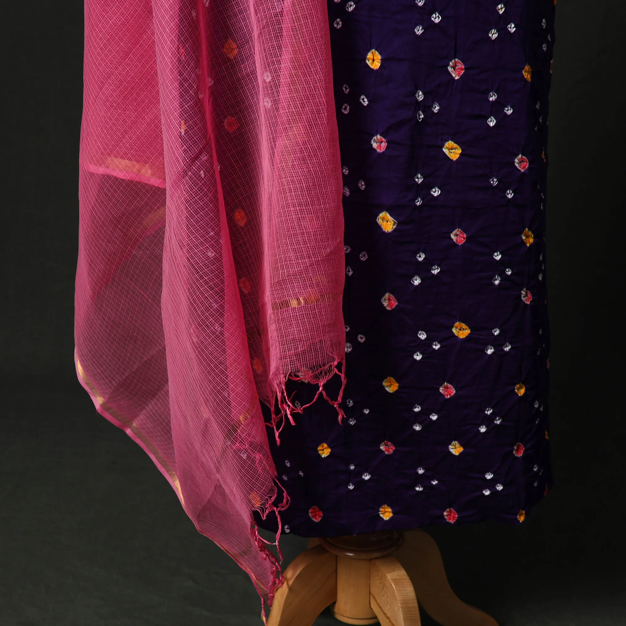 Kutch Bandhani Tie-Dye Cotton 2pc Unstitched Dress Material Kurta Set with Earrings 01 - Image 4
