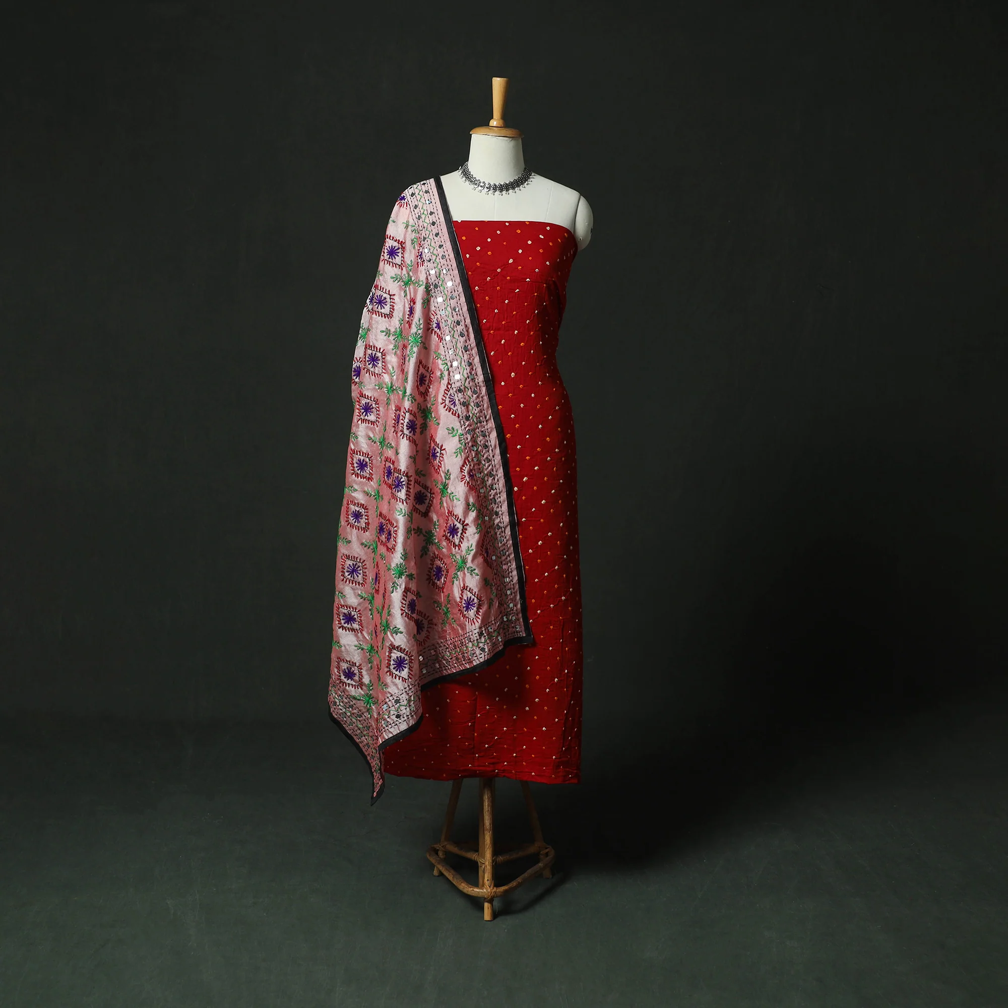 Red - Kutch Bandhani Tie-Dye Cotton 2pc Unstitched Dress Material Kurta Set with Earrings 02