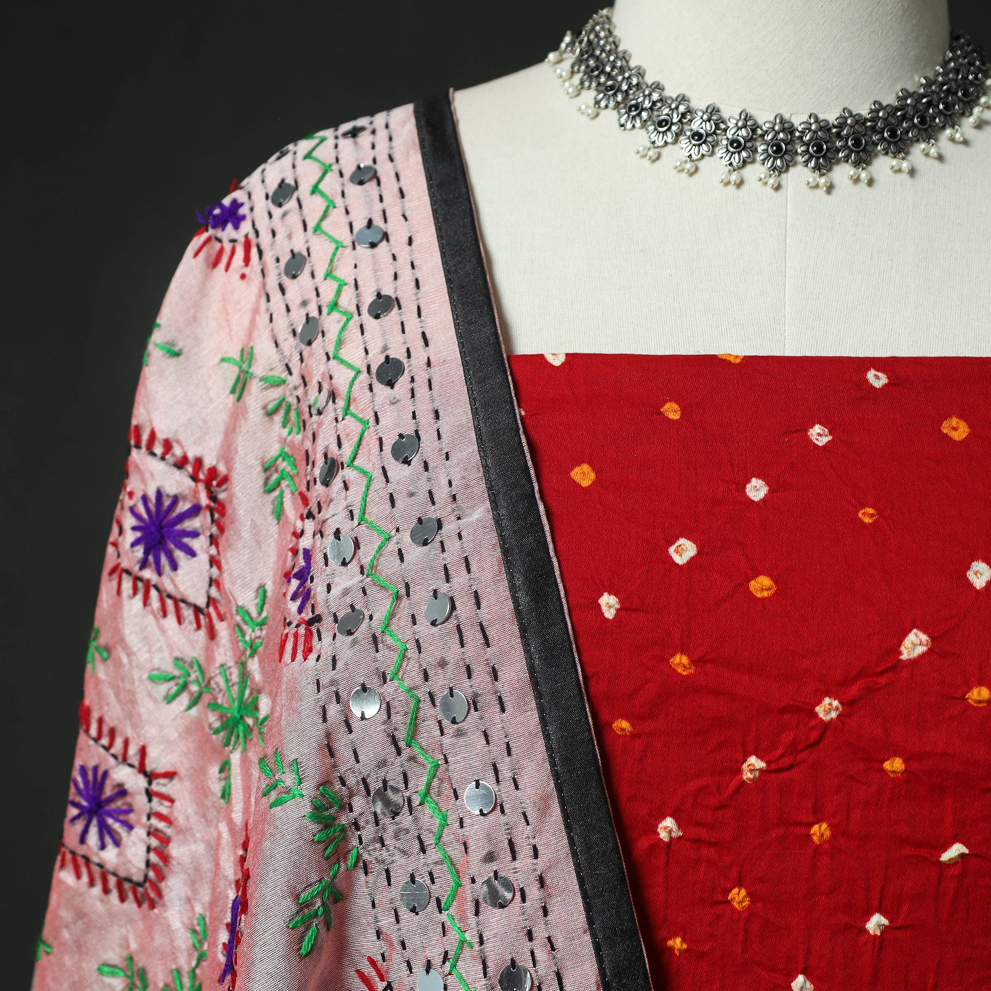 Red - Kutch Bandhani Tie-Dye Cotton 2pc Unstitched Dress Material Kurta Set with Earrings 02 - Image 3