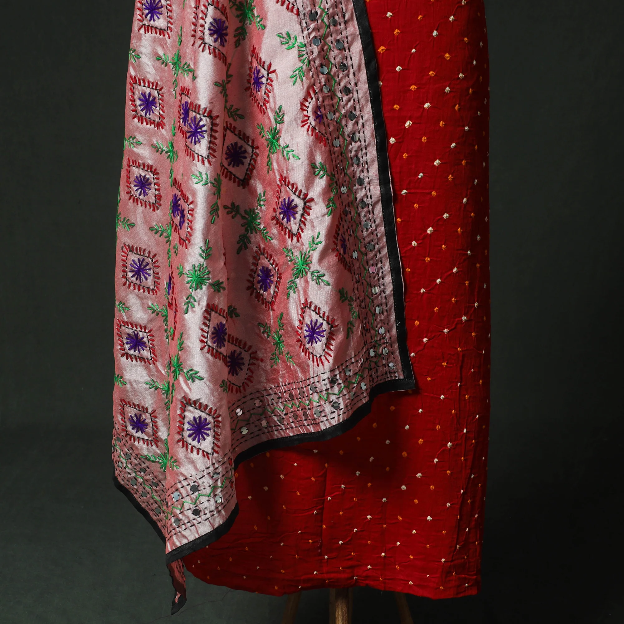 Red - Kutch Bandhani Tie-Dye Cotton 2pc Unstitched Dress Material Kurta Set with Earrings 02 - Image 4