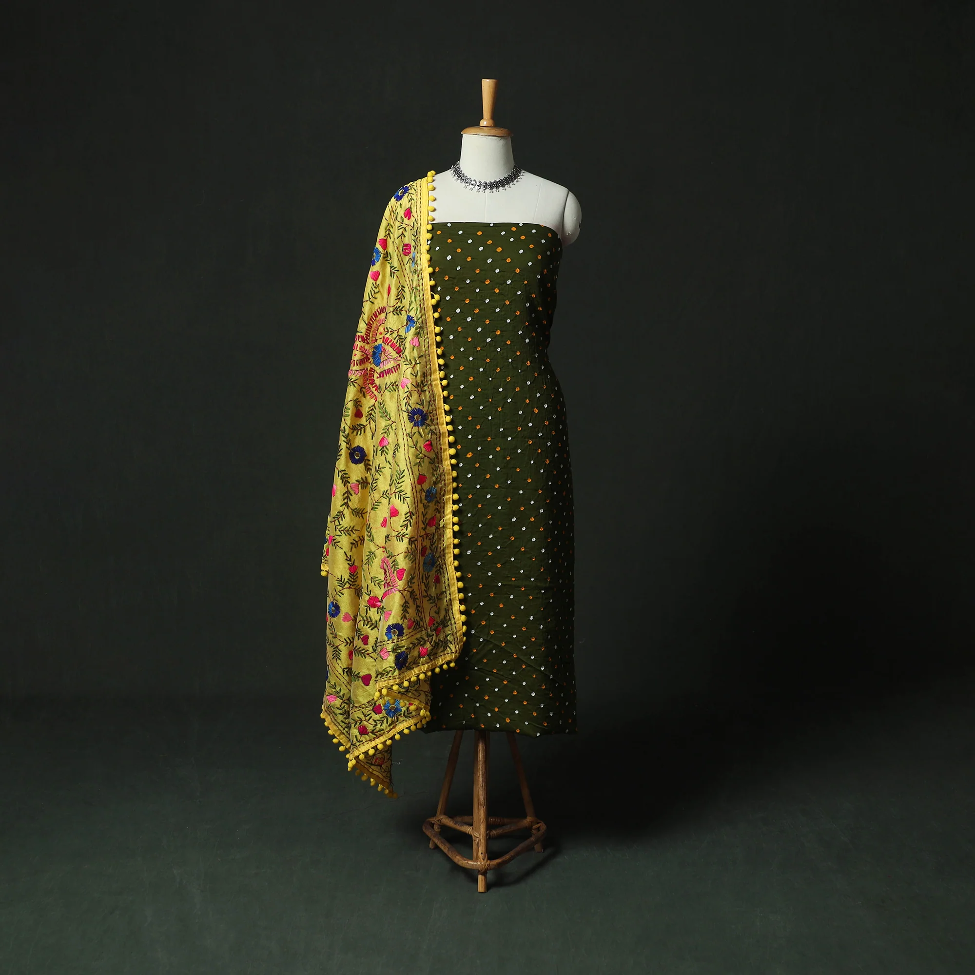 Green - Kutch Bandhani Tie-Dye Cotton 2pc Unstitched Dress Material Kurta Set with Earrings 03