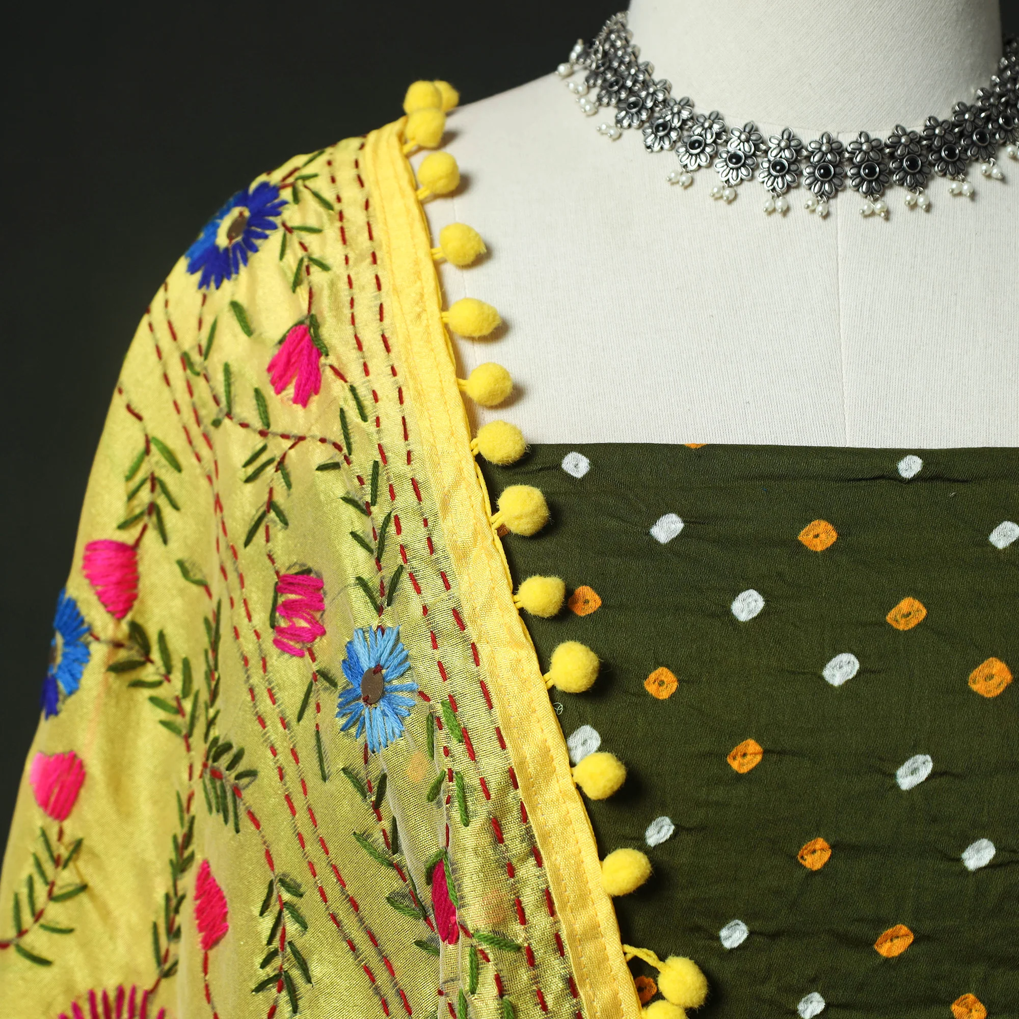 Green - Kutch Bandhani Tie-Dye Cotton 2pc Unstitched Dress Material Kurta Set with Earrings 03 - Image 3