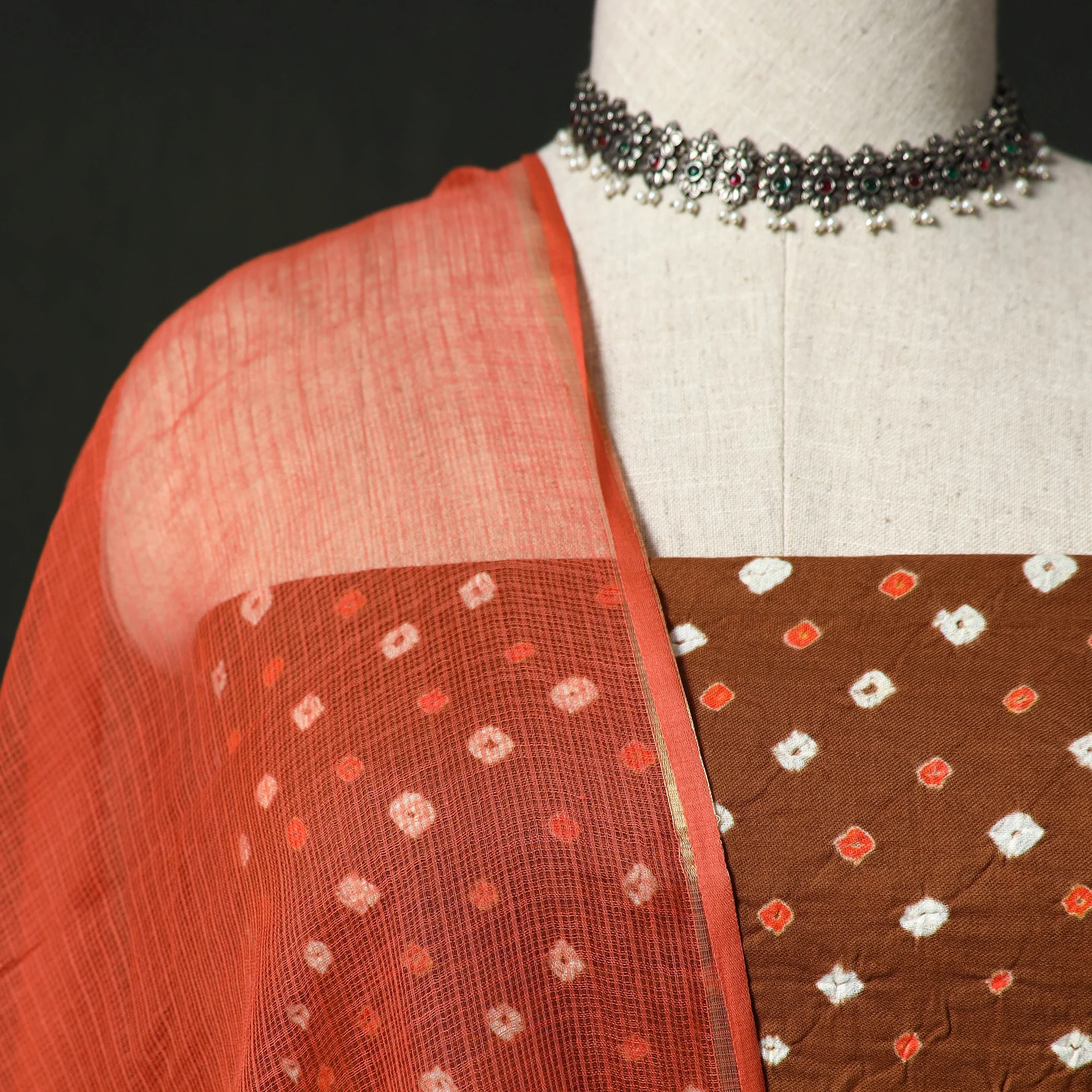 Kutch Bandhani Tie-Dye Cotton 2pc Unstitched Dress Material Kurta Set with Earrings 03 - Image 3