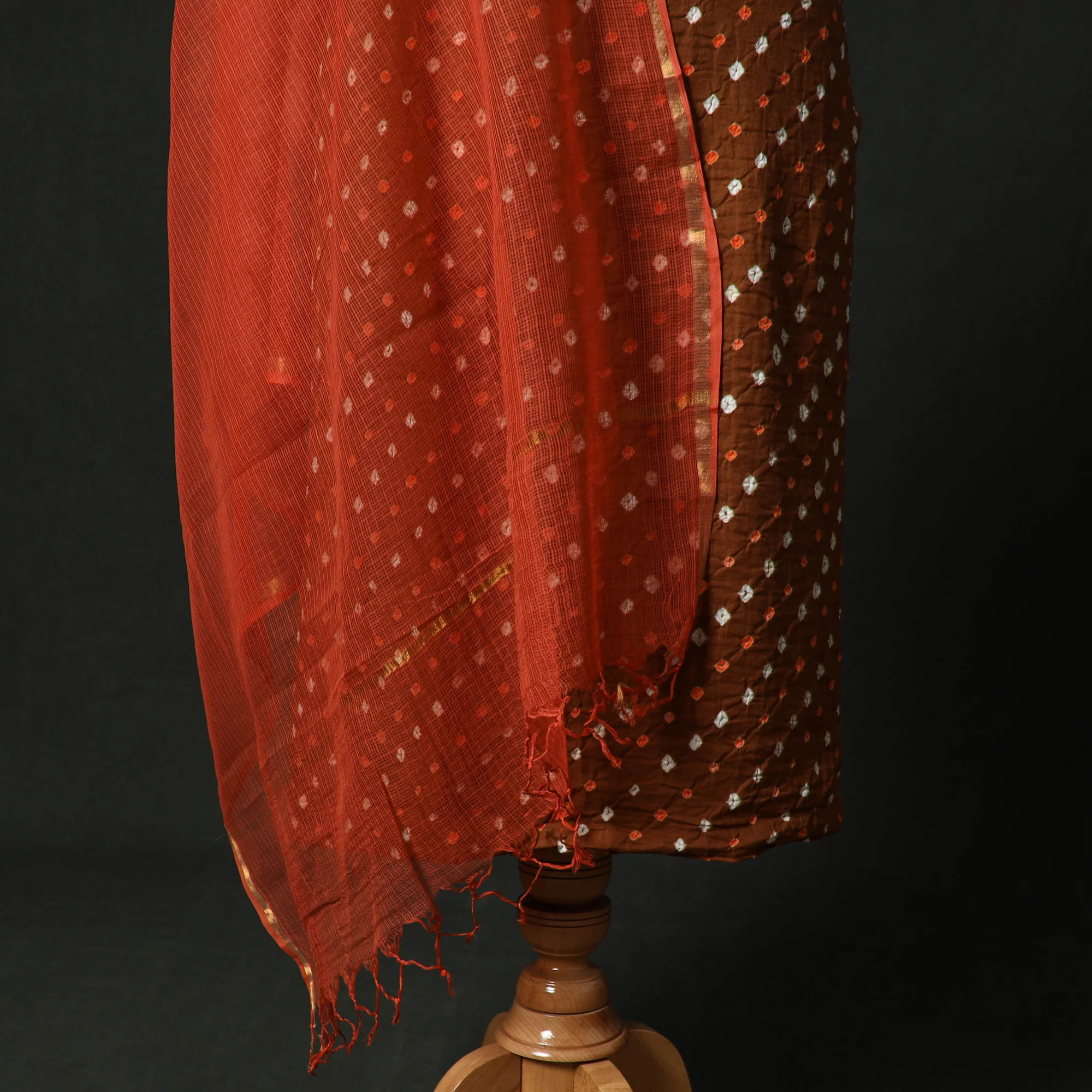 Kutch Bandhani Tie-Dye Cotton 2pc Unstitched Dress Material Kurta Set with Earrings 03 - Image 4