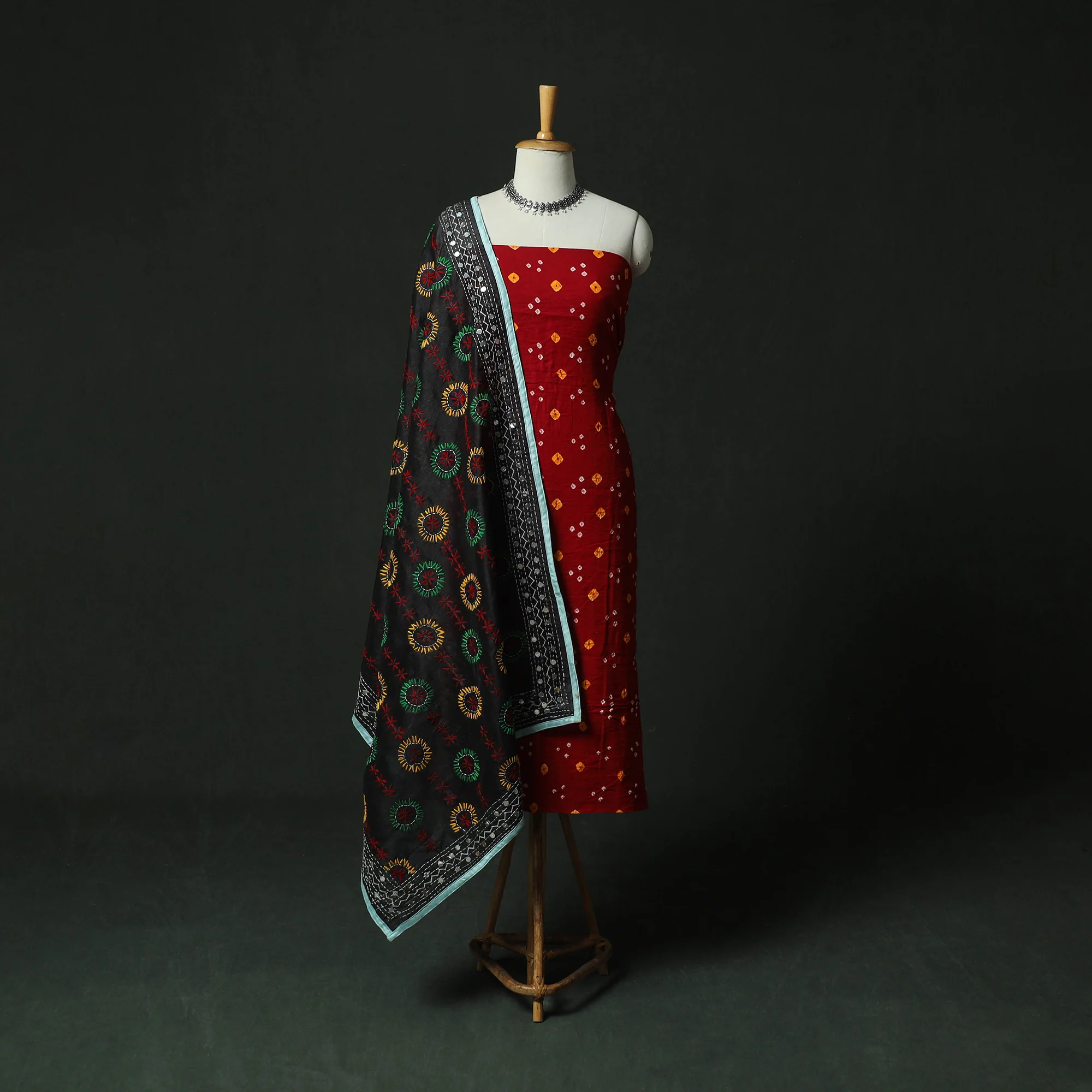 Red - Kutch Bandhani Tie-Dye Cotton 2pc Unstitched Dress Material Kurta Set with Earrings 04