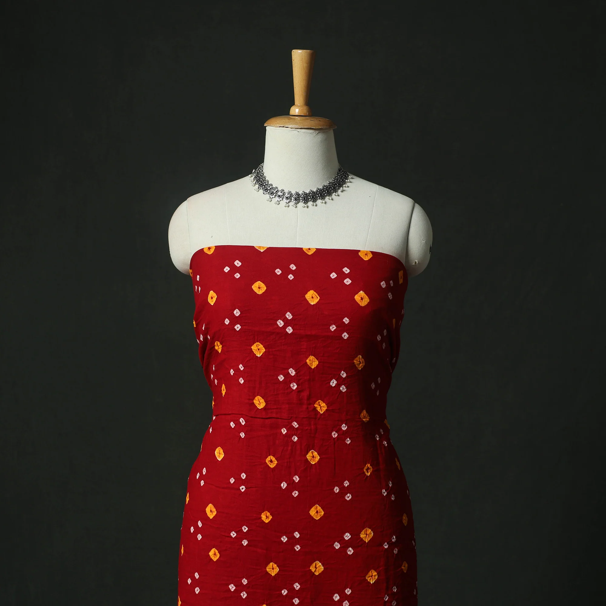 Red - Kutch Bandhani Tie-Dye Cotton 2pc Unstitched Dress Material Kurta Set with Earrings 04 - Image 2