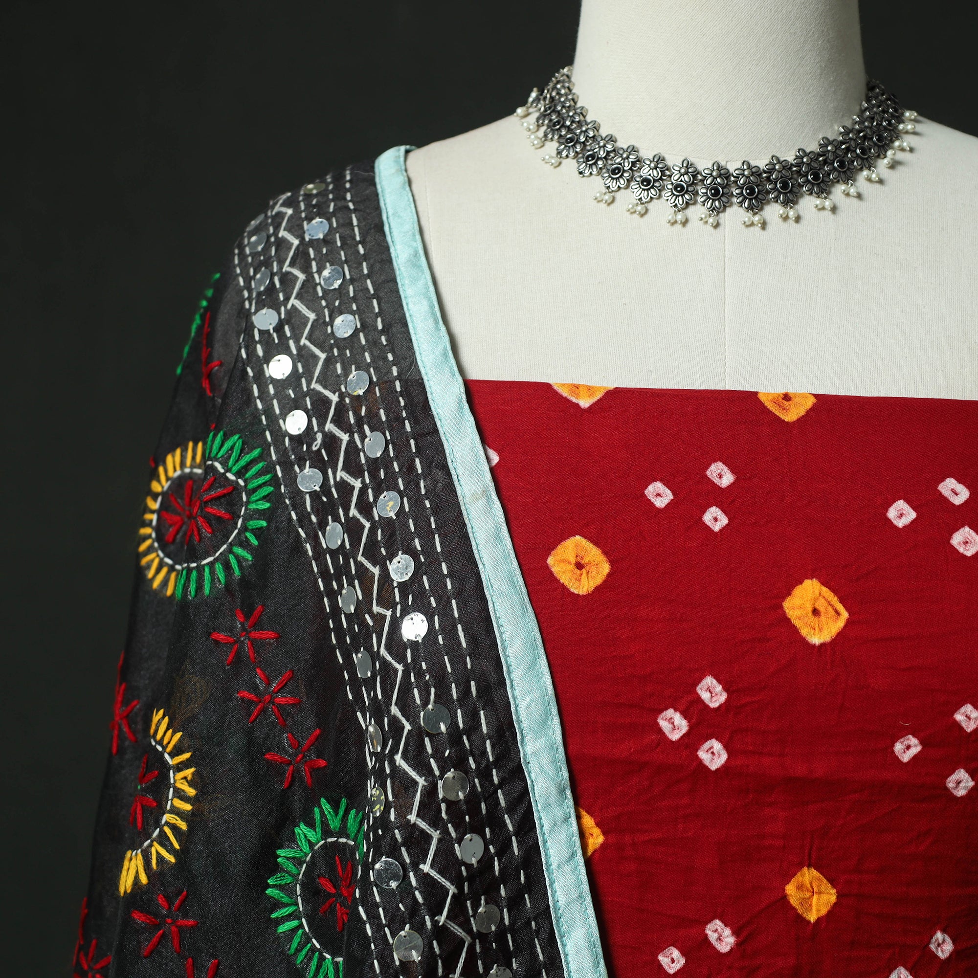 Red - Kutch Bandhani Tie-Dye Cotton 2pc Unstitched Dress Material Kurta Set with Earrings 04 - Image 3