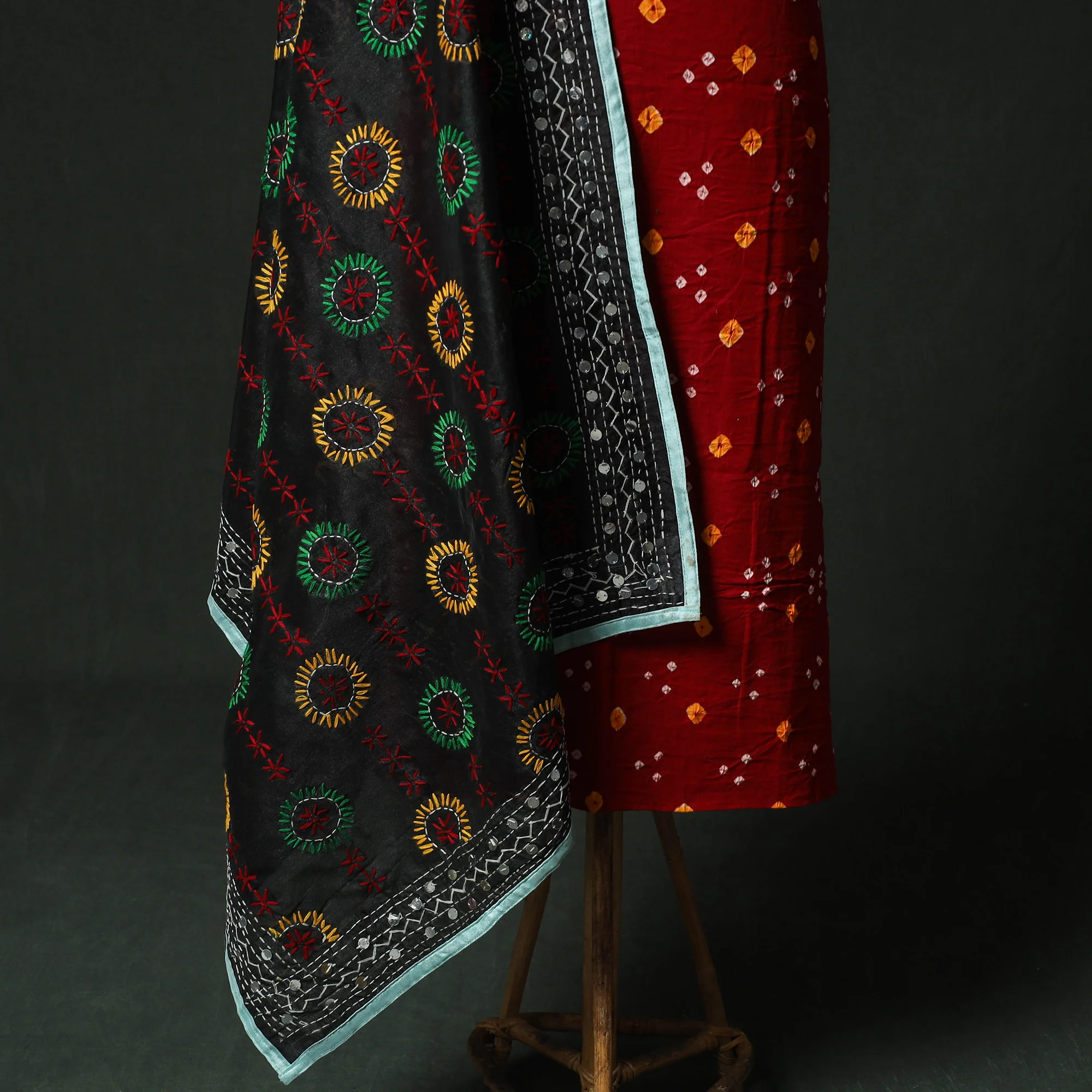 Red - Kutch Bandhani Tie-Dye Cotton 2pc Unstitched Dress Material Kurta Set with Earrings 04 - Image 4