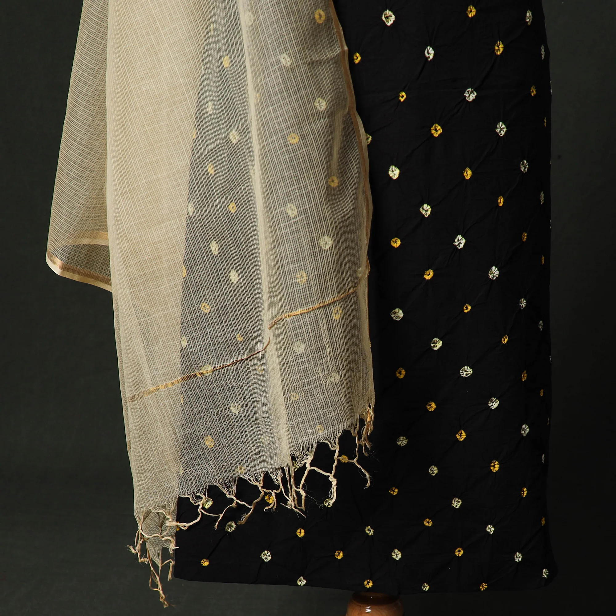 Kutch Bandhani Tie-Dye Cotton 2pc Unstitched Dress Material Kurta Set with Earrings 04 - Image 4