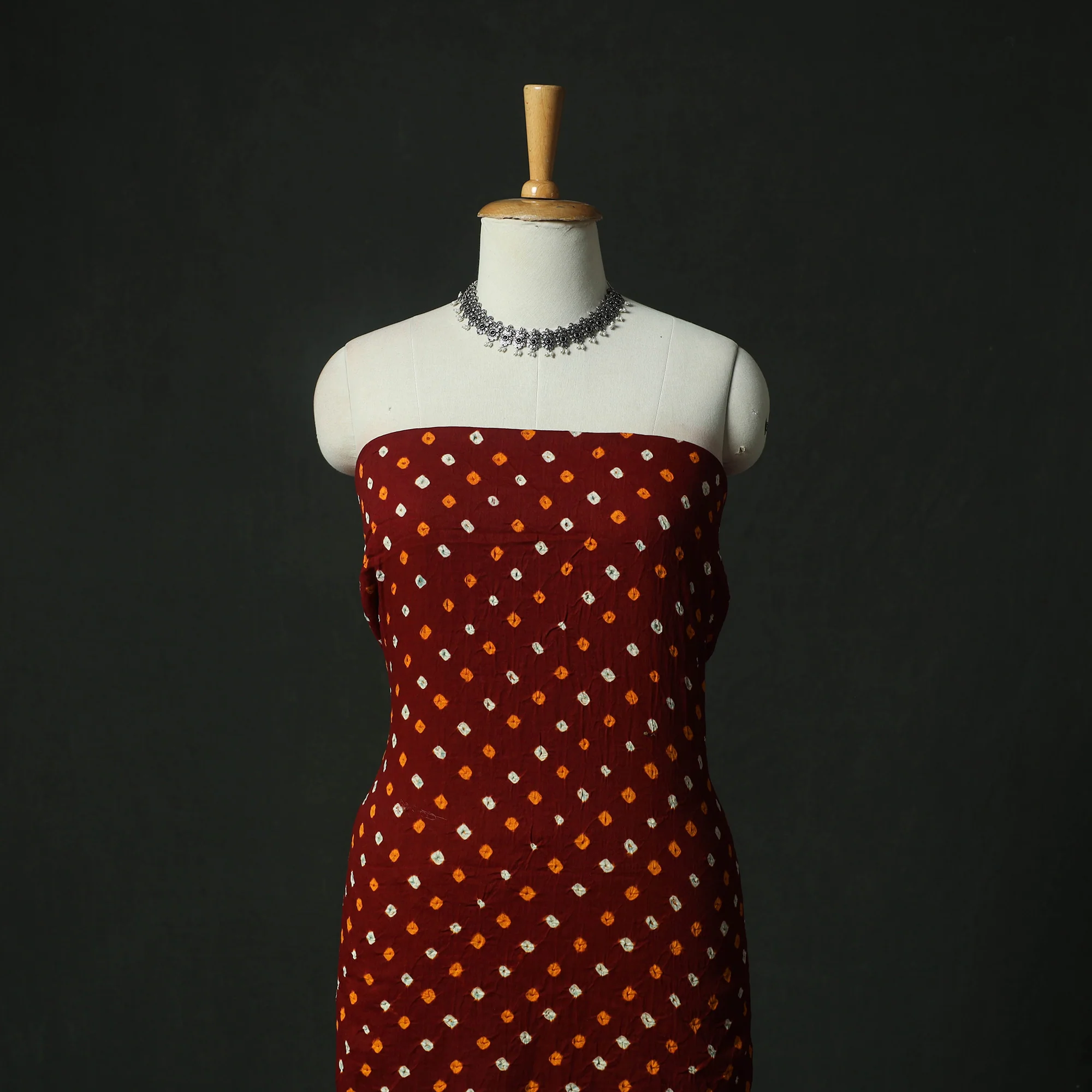 Maroon - Kutch Bandhani Tie-Dye Cotton 2pc Unstitched Dress Material Kurta Set with Earrings 05 - Image 2