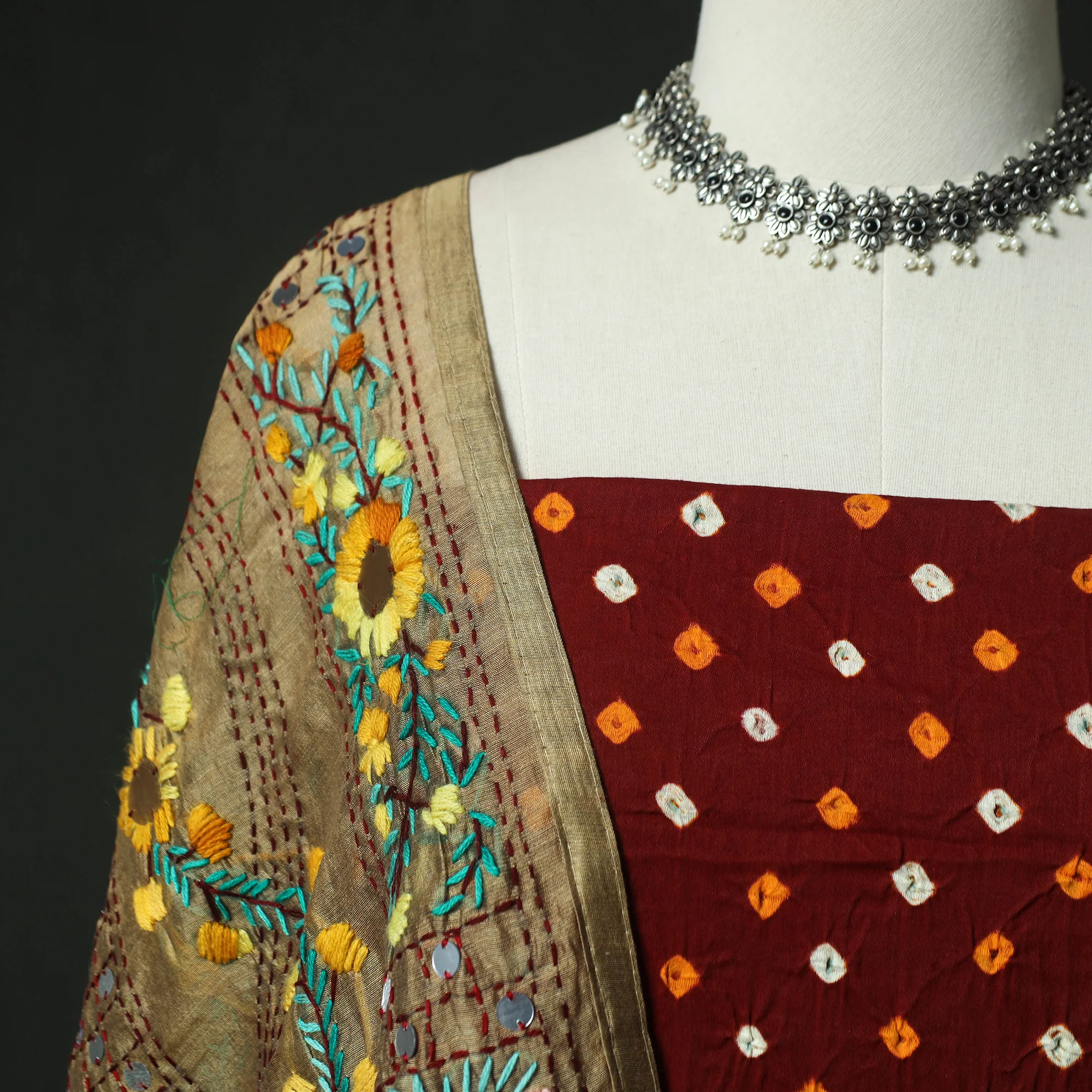 Maroon - Kutch Bandhani Tie-Dye Cotton 2pc Unstitched Dress Material Kurta Set with Earrings 05 - Image 3