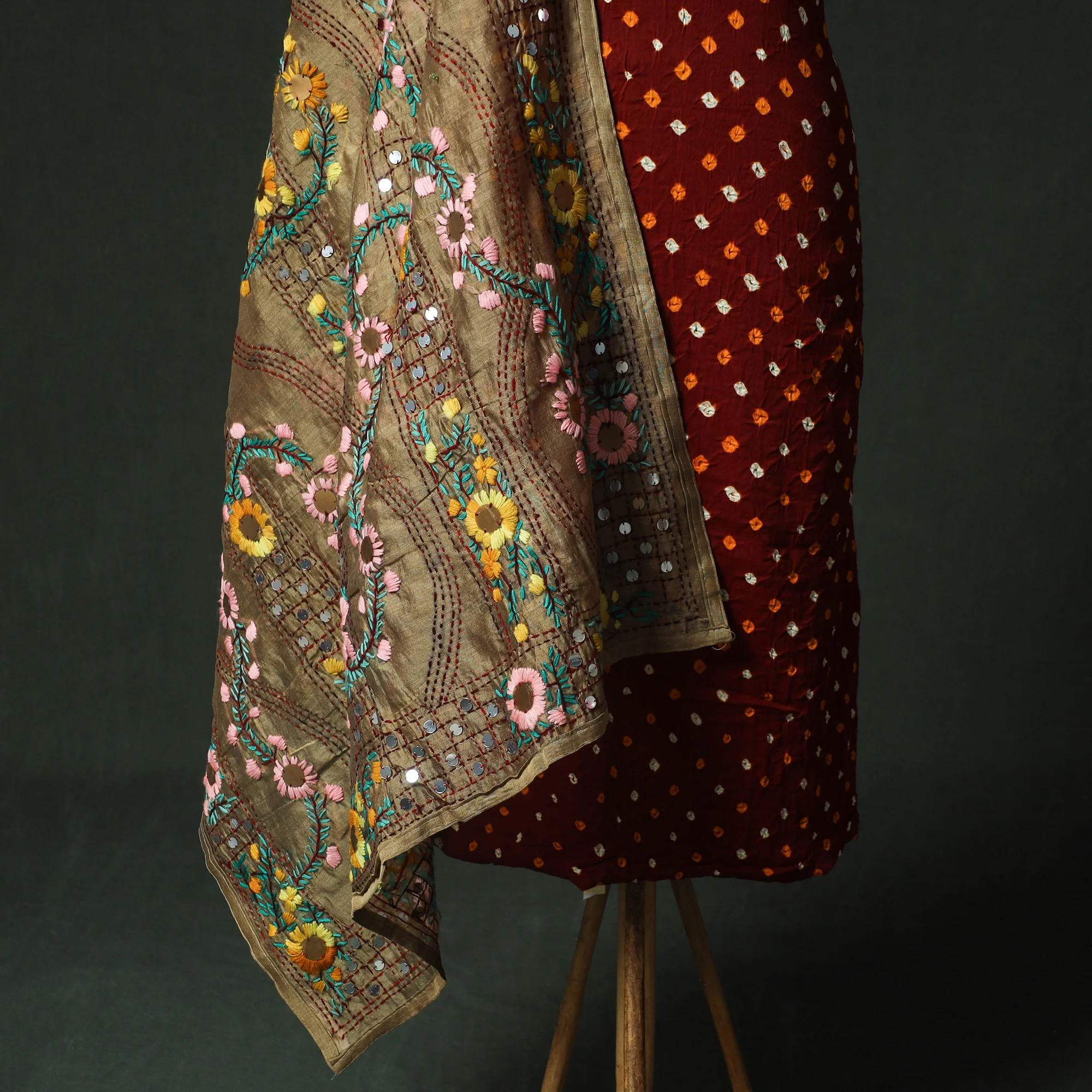 Maroon - Kutch Bandhani Tie-Dye Cotton 2pc Unstitched Dress Material Kurta Set with Earrings 05 - Image 4