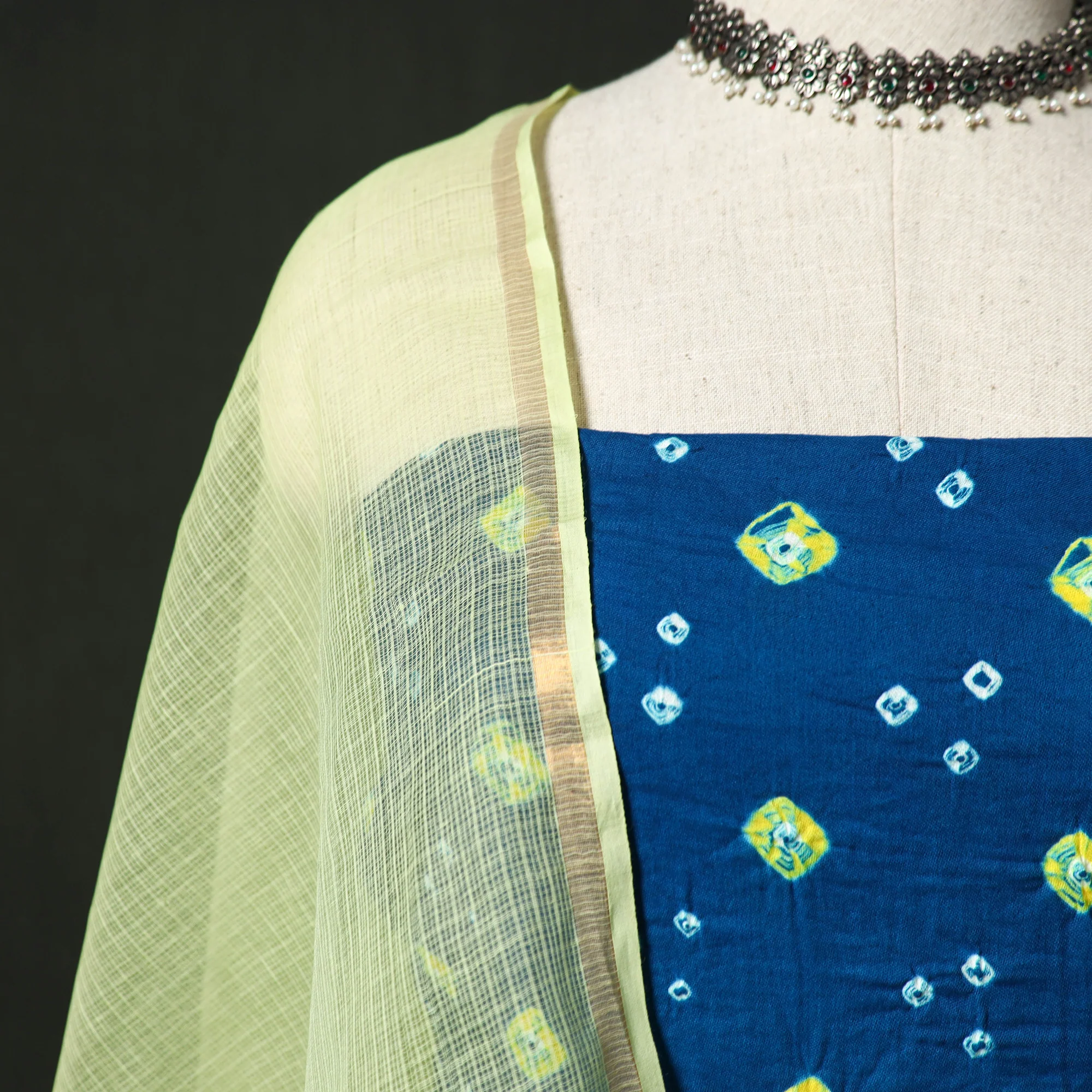 Kutch Bandhani Tie-Dye Cotton 2pc Unstitched Dress Material Kurta Set with Earrings 05 - Image 3
