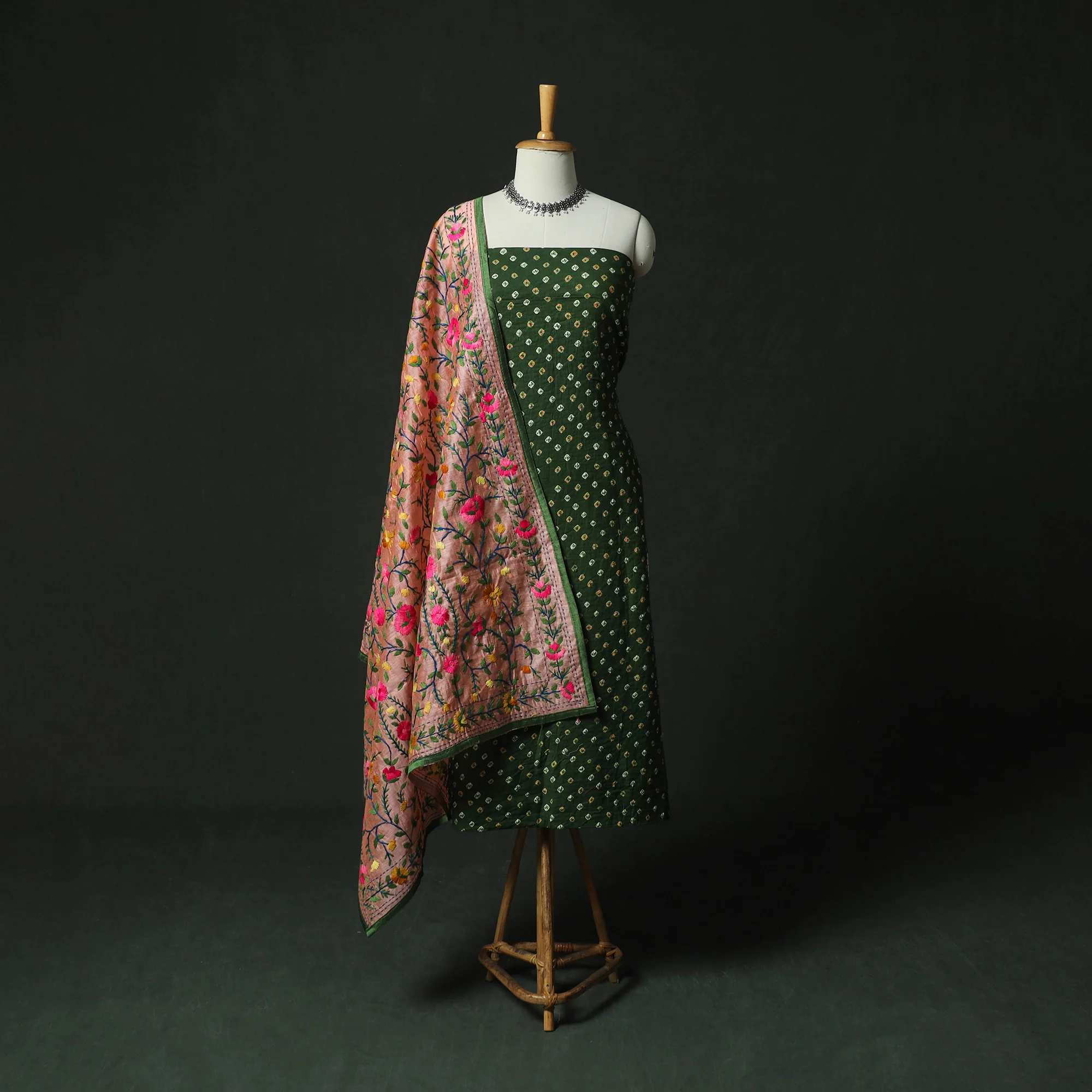 Green - Kutch Bandhani Tie-Dye Cotton 2pc Unstitched Dress Material Kurta Set with Earrings 06