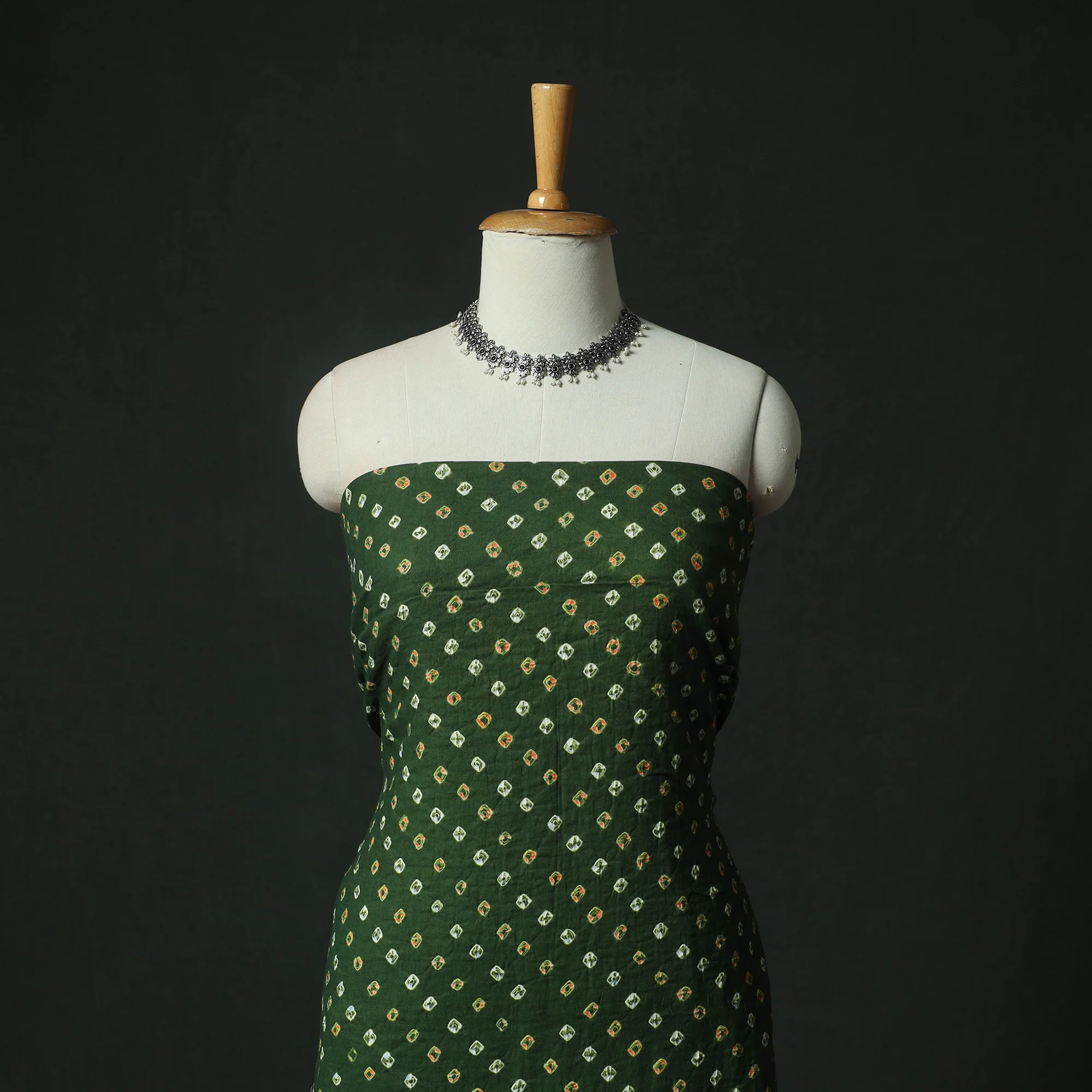 Green - Kutch Bandhani Tie-Dye Cotton 2pc Unstitched Dress Material Kurta Set with Earrings 06 - Image 2