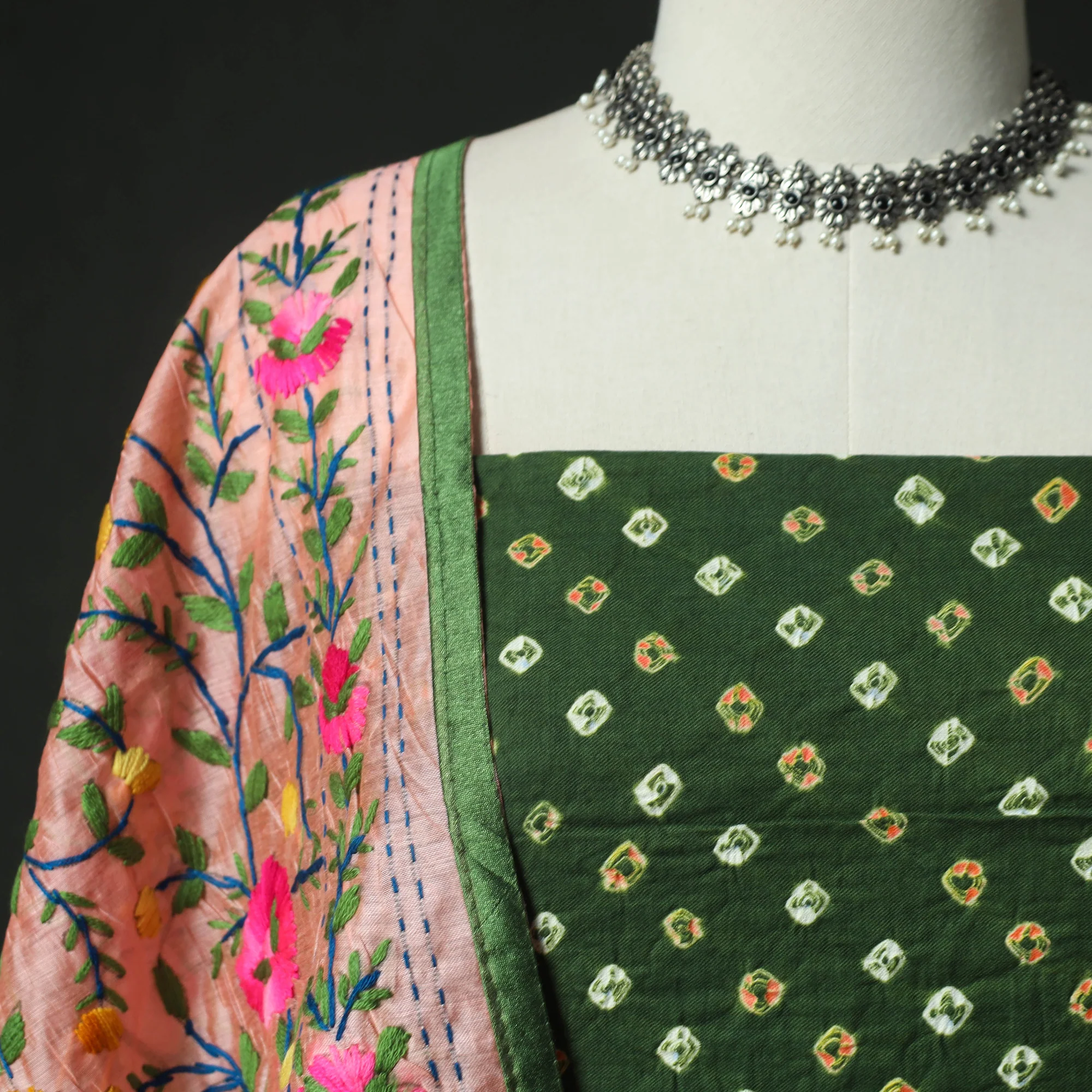 Green - Kutch Bandhani Tie-Dye Cotton 2pc Unstitched Dress Material Kurta Set with Earrings 06 - Image 3