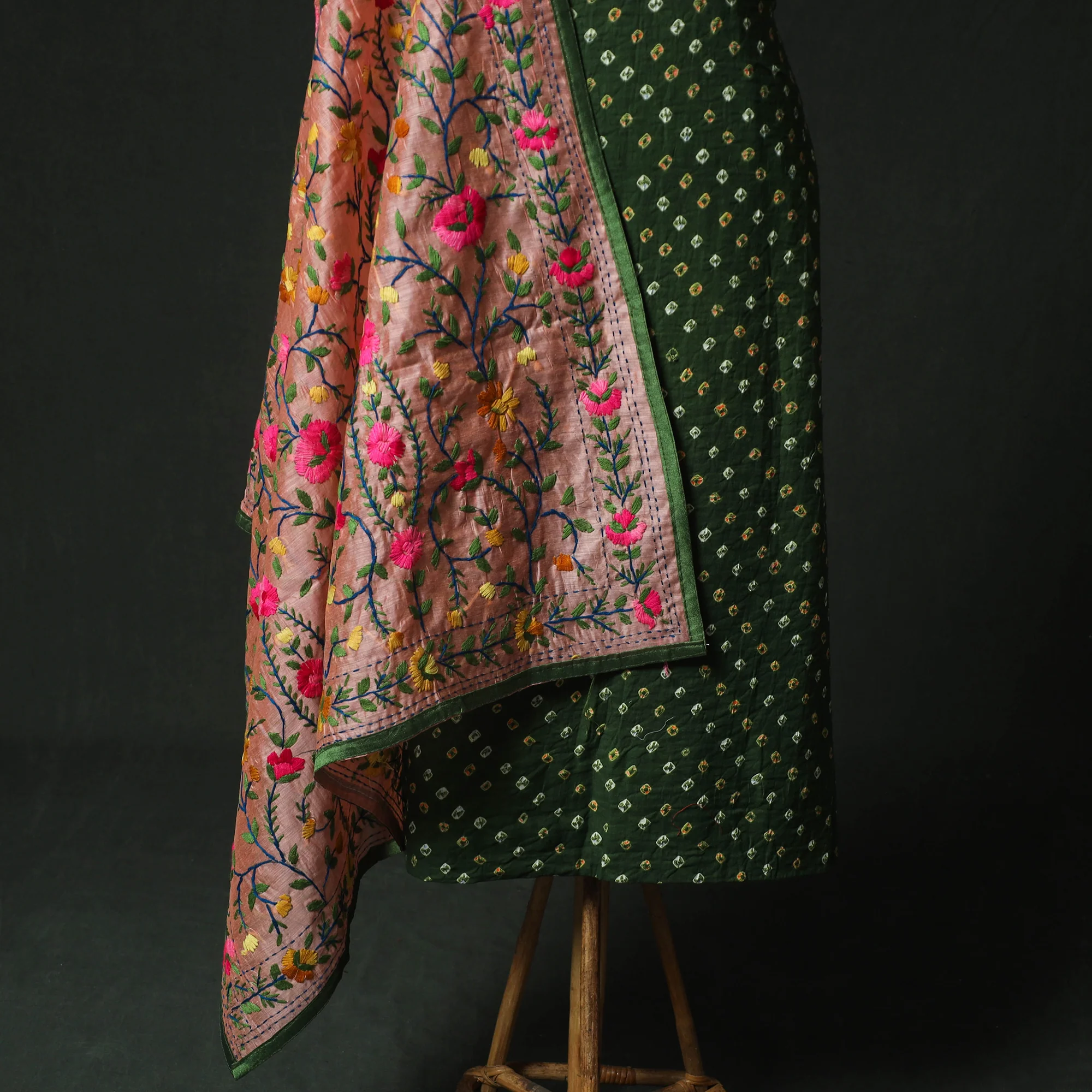 Green - Kutch Bandhani Tie-Dye Cotton 2pc Unstitched Dress Material Kurta Set with Earrings 06 - Image 4