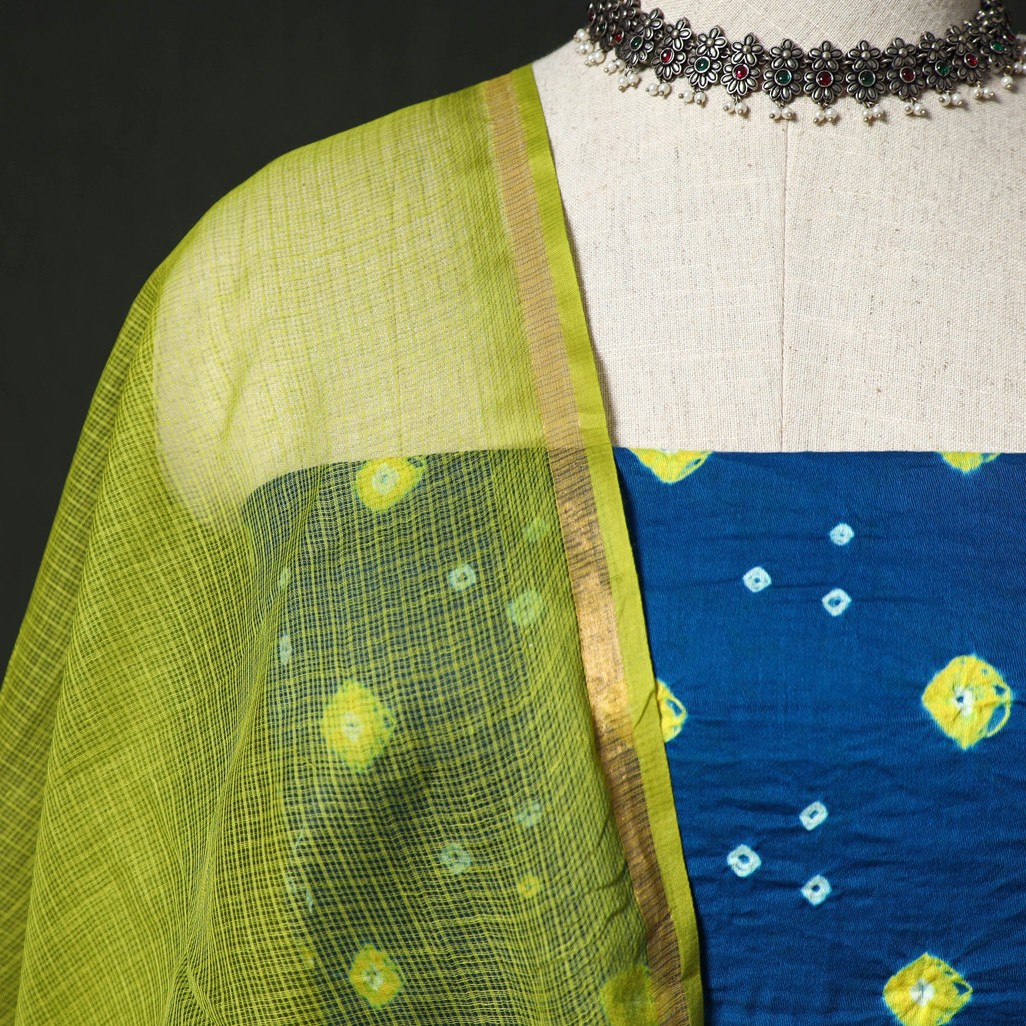 Kutch Bandhani Tie-Dye Cotton 2pc Unstitched Dress Material Kurta Set with Earrings 06 - Image 3