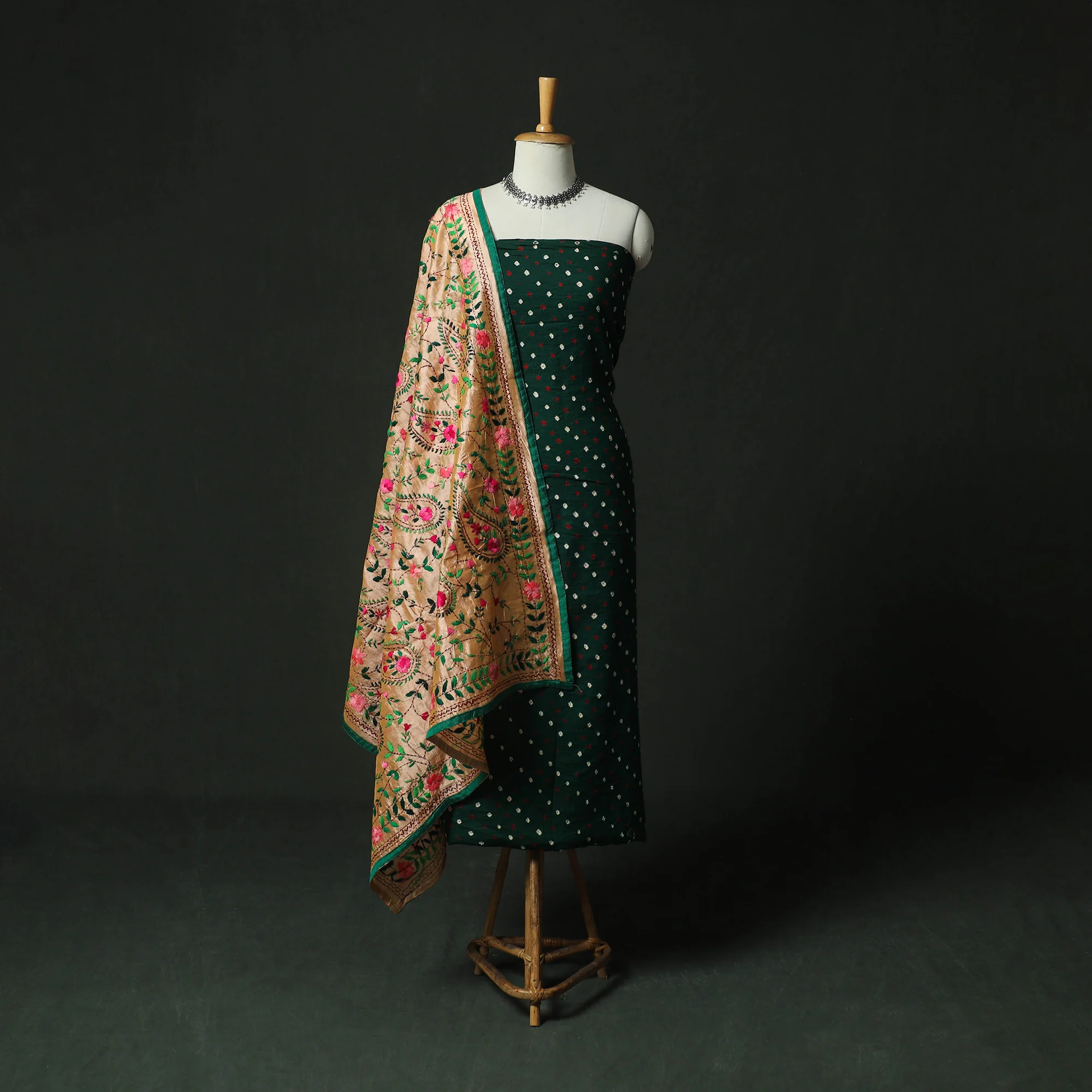 Green - Kutch Bandhani Tie-Dye Cotton 2pc Unstitched Dress Material Kurta Set with Earrings 07