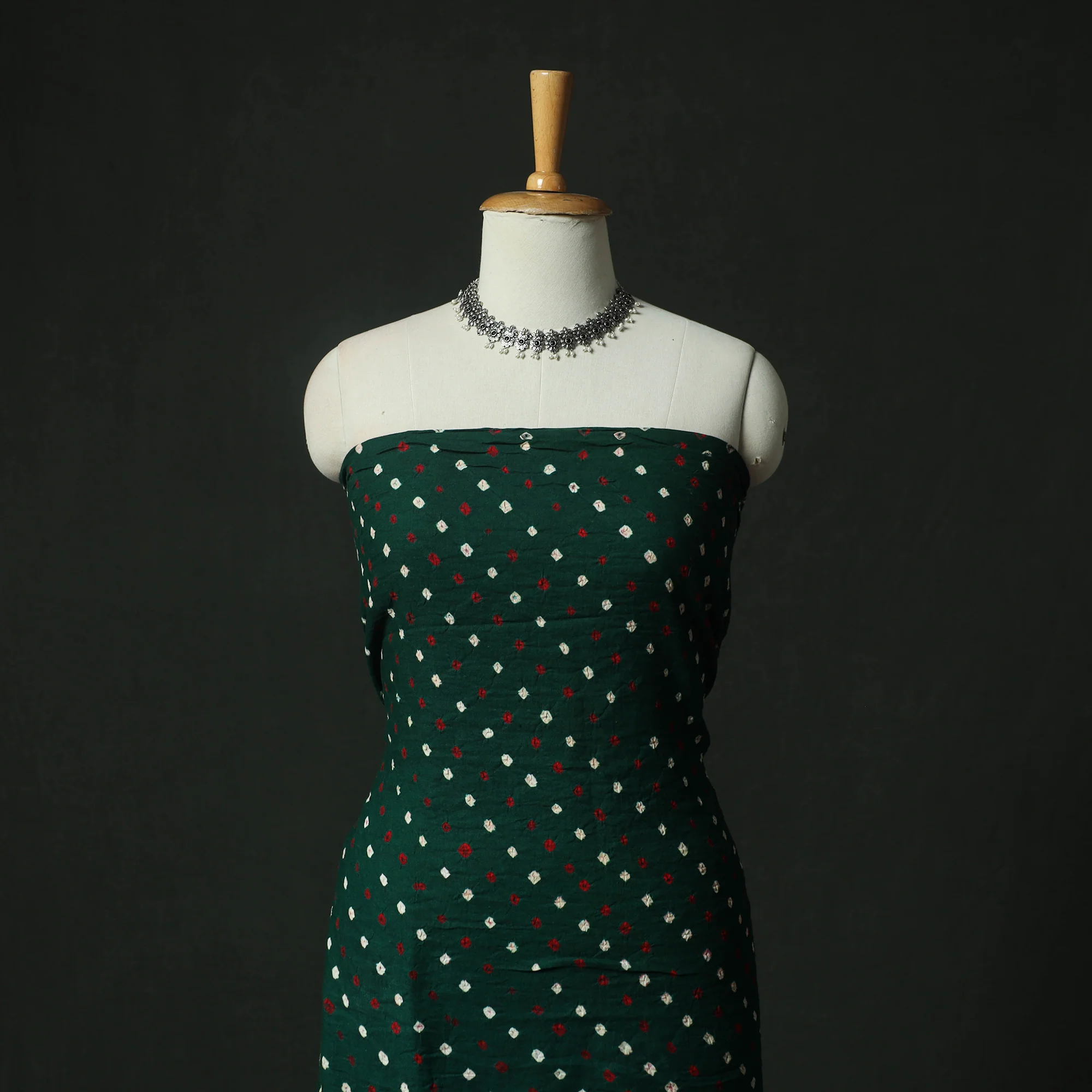 Green - Kutch Bandhani Tie-Dye Cotton 2pc Unstitched Dress Material Kurta Set with Earrings 07 - Image 2