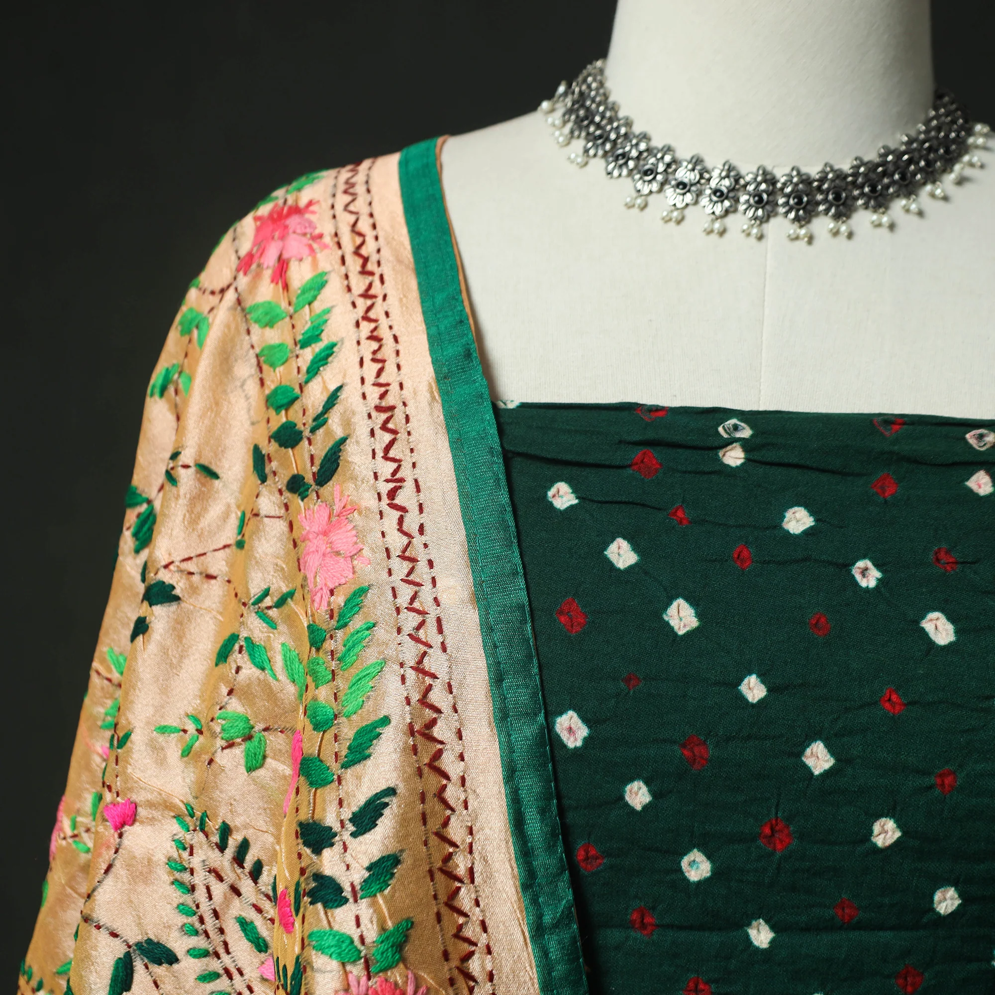 Green - Kutch Bandhani Tie-Dye Cotton 2pc Unstitched Dress Material Kurta Set with Earrings 07 - Image 3