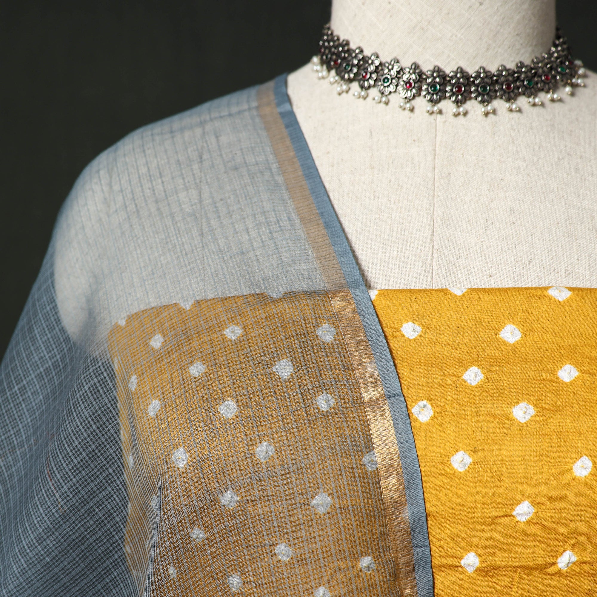 Kutch Bandhani Tie-Dye Cotton 2pc Unstitched Dress Material Kurta Set with Earrings 07 - Image 3