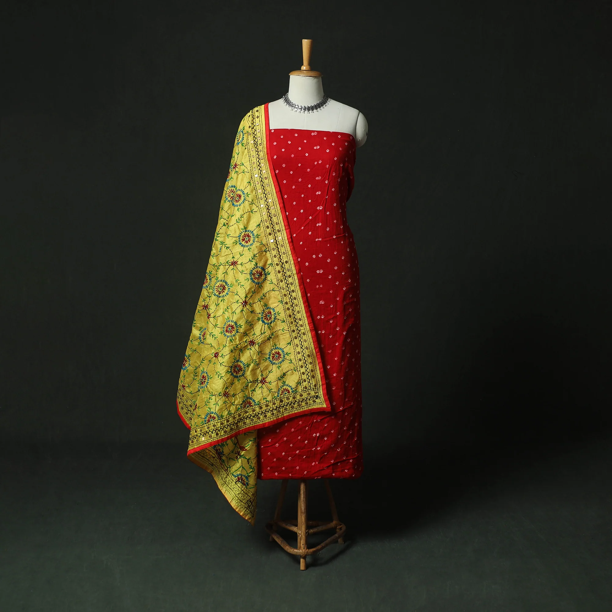 Red - Kutch Bandhani Tie-Dye Cotton 2pc Unstitched Dress Material Kurta Set with Earrings 08
