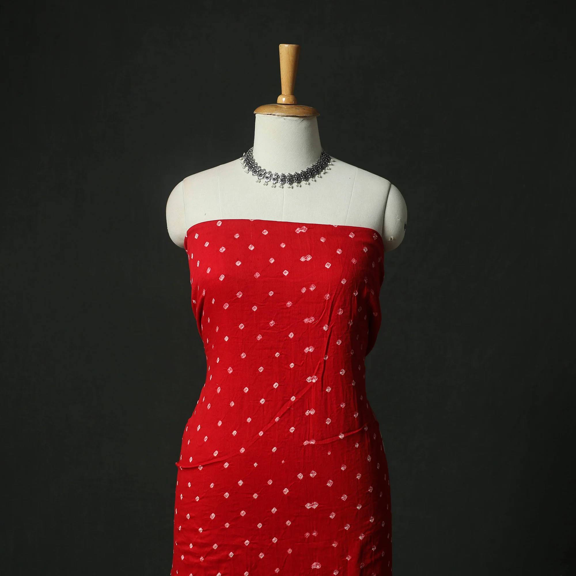 Red - Kutch Bandhani Tie-Dye Cotton 2pc Unstitched Dress Material Kurta Set with Earrings 08 - Image 2