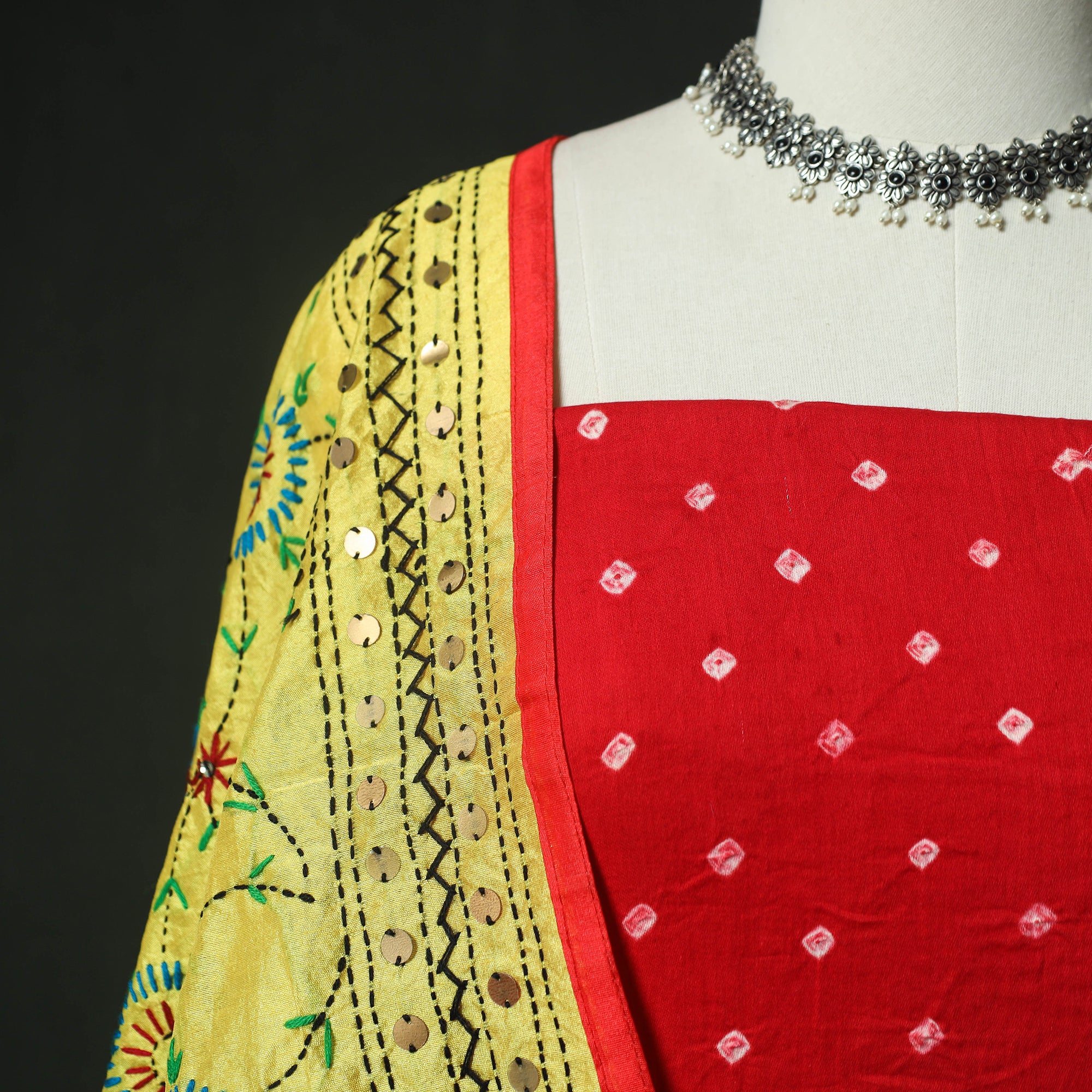 Red - Kutch Bandhani Tie-Dye Cotton 2pc Unstitched Dress Material Kurta Set with Earrings 08 - Image 3
