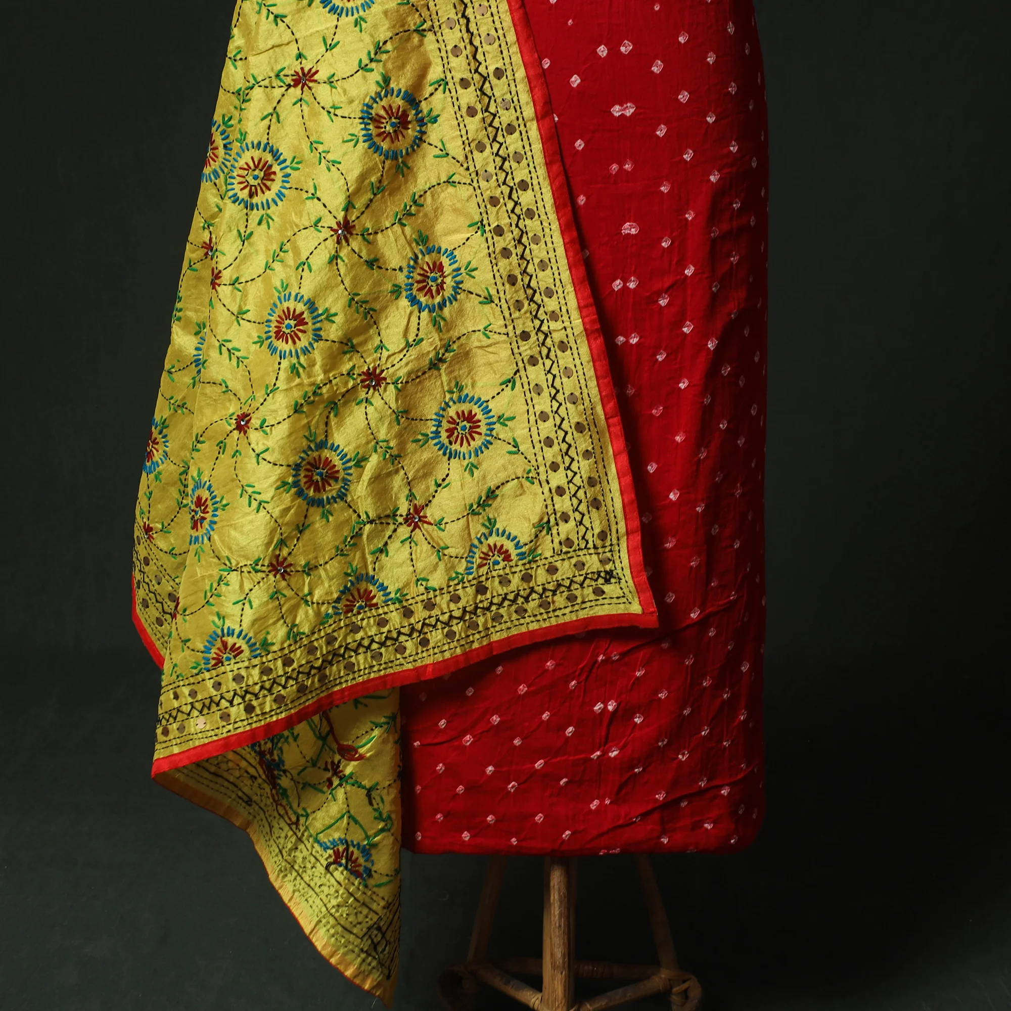Red - Kutch Bandhani Tie-Dye Cotton 2pc Unstitched Dress Material Kurta Set with Earrings 08 - Image 4