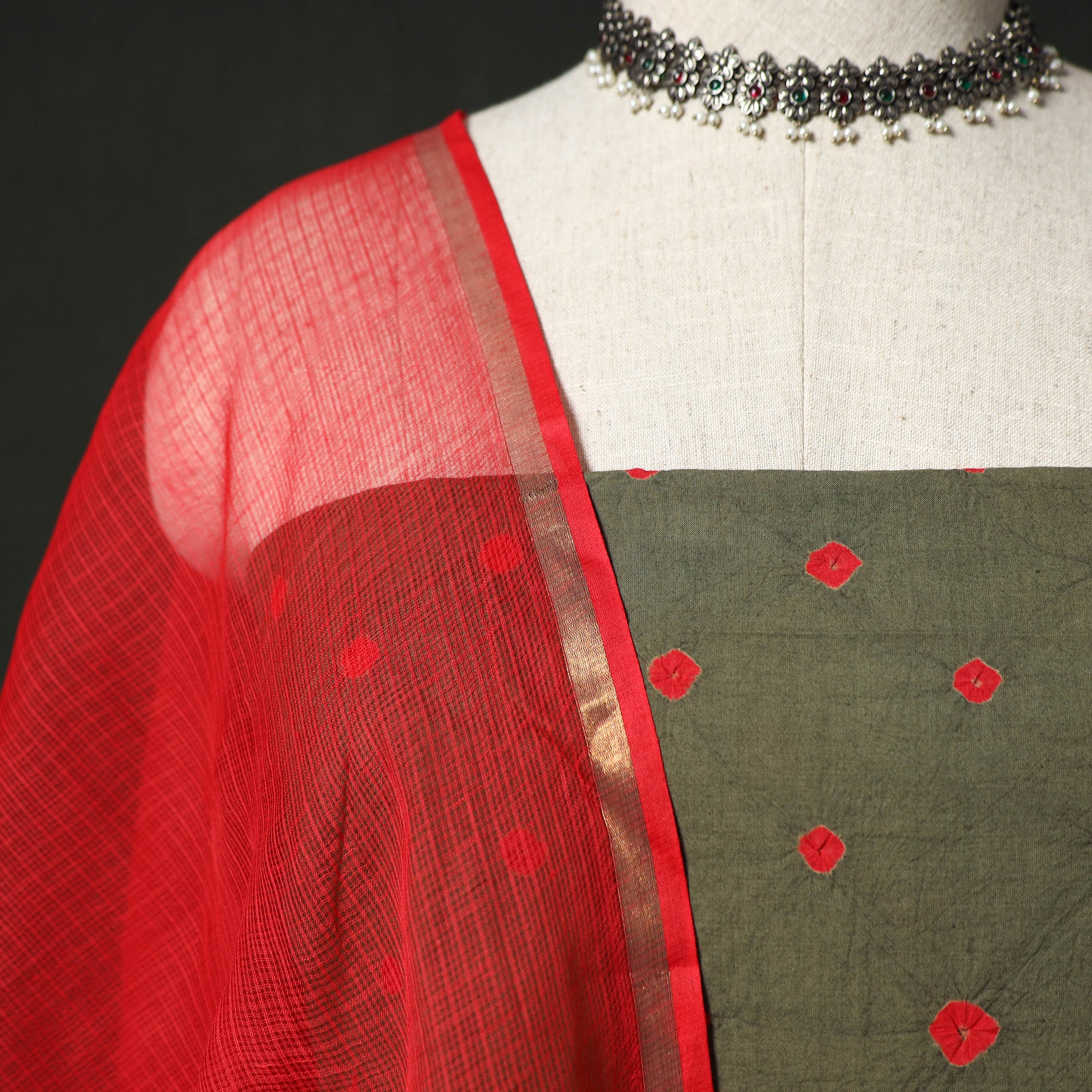 Kutch Bandhani Tie-Dye Cotton 2pc Unstitched Dress Material Kurta Set with Earrings 08 - Image 3