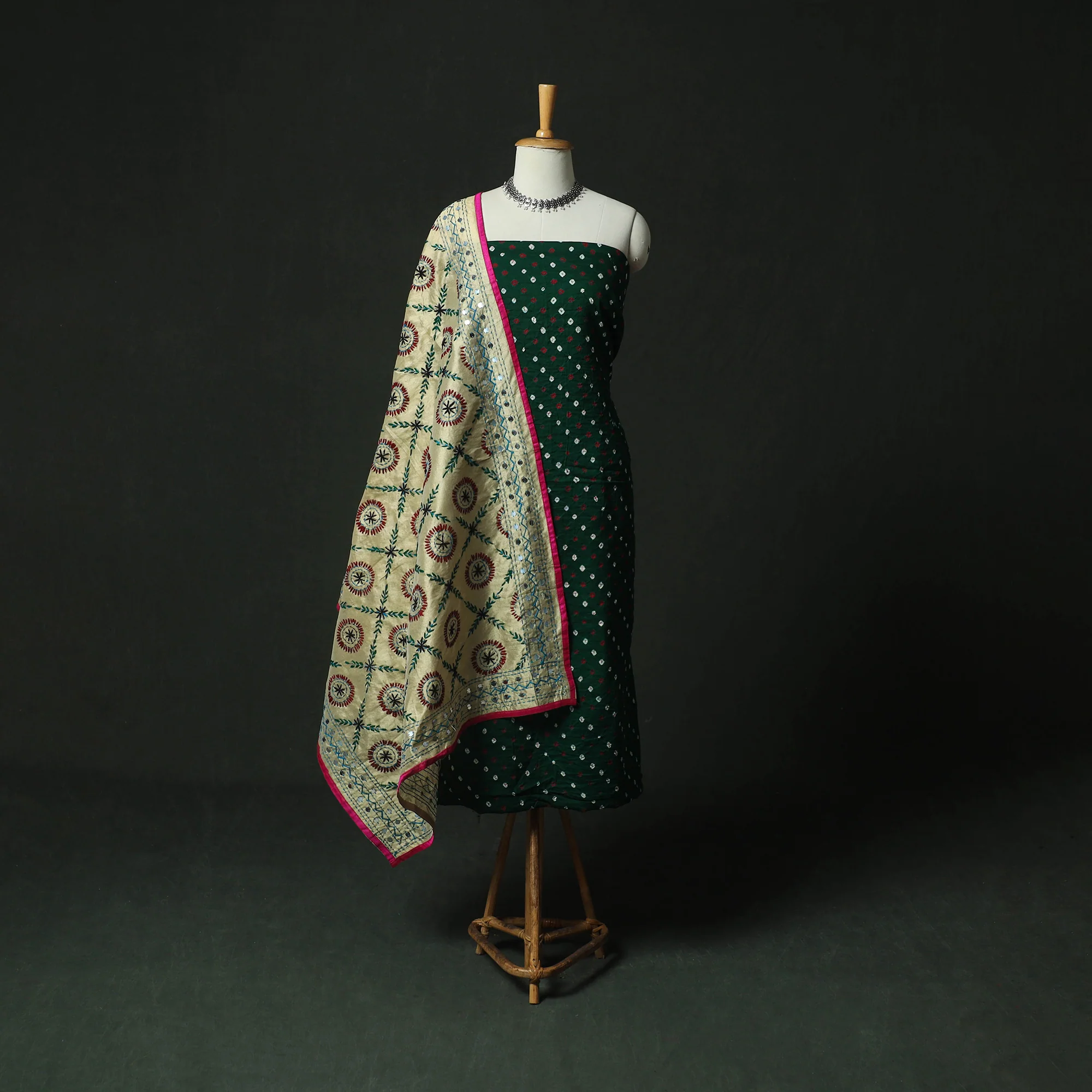 Green - Kutch Bandhani Tie-Dye Cotton 2pc Unstitched Dress Material Kurta Set with Earrings 09