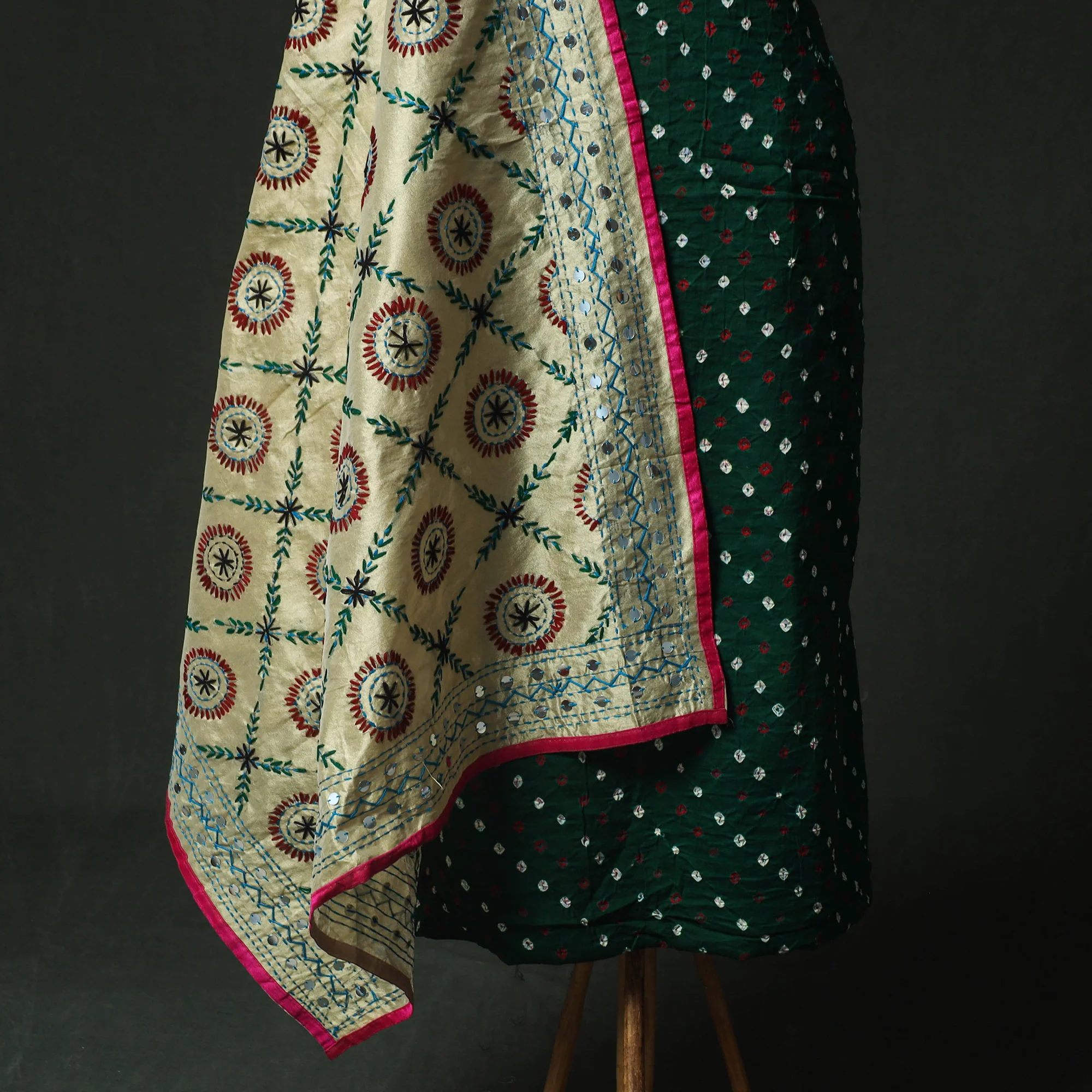 Green - Kutch Bandhani Tie-Dye Cotton 2pc Unstitched Dress Material Kurta Set with Earrings 09 - Image 4