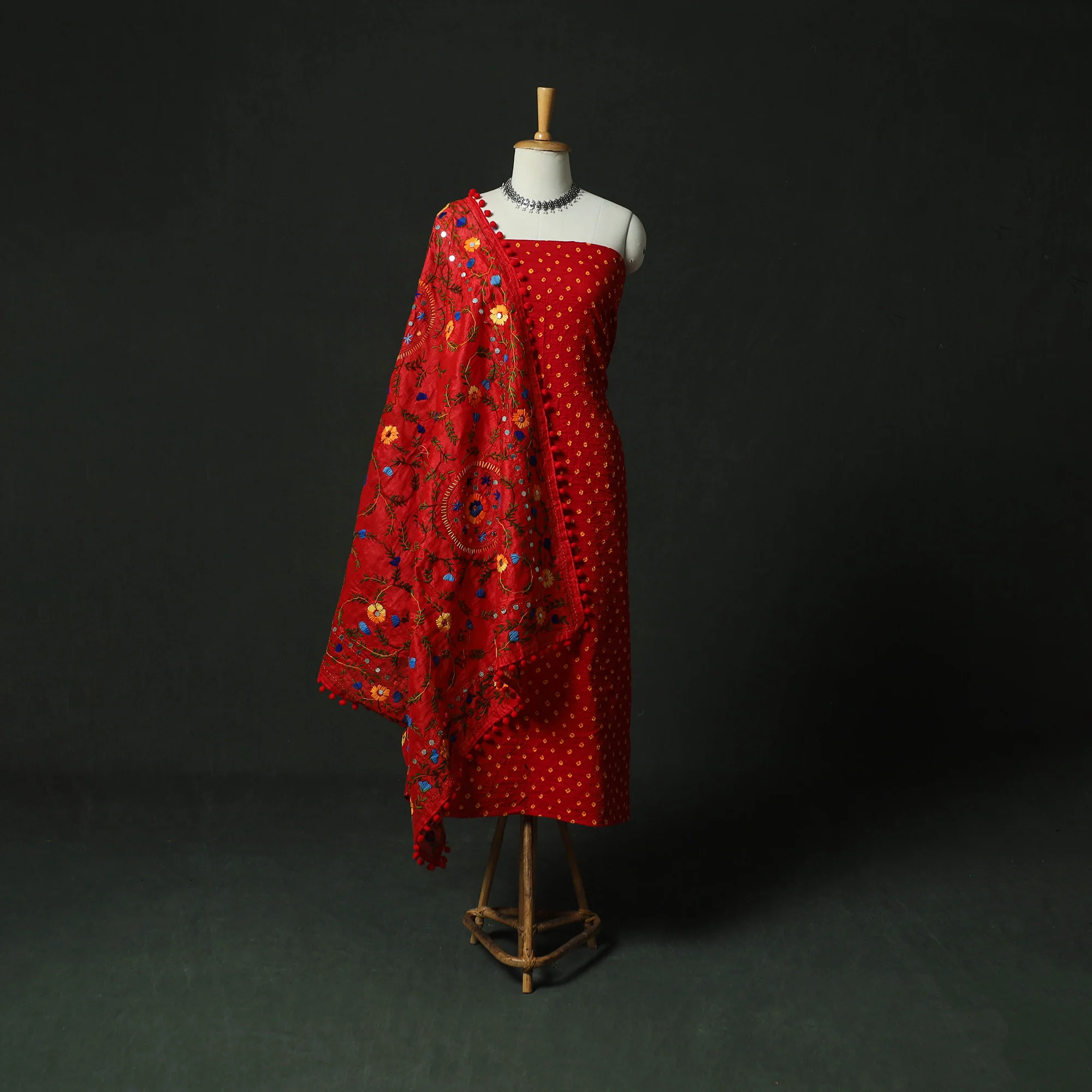 Red - Kutch Bandhani Tie-Dye Cotton 2pc Unstitched Dress Material Kurta Set with Earrings 10