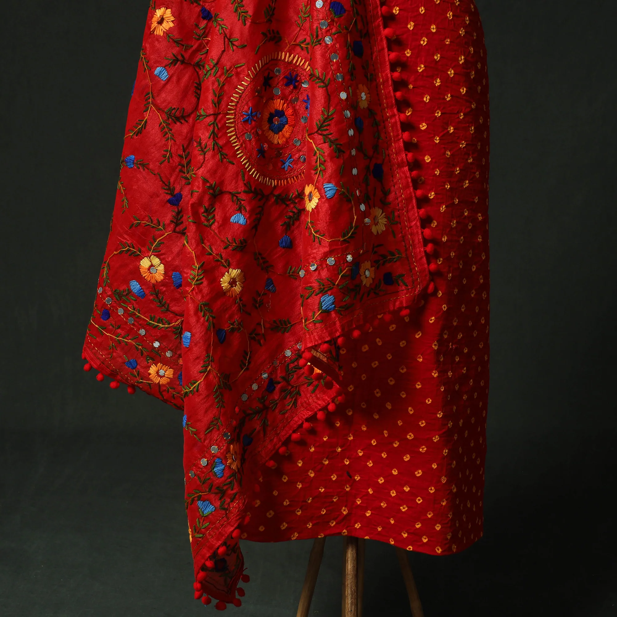 Red - Kutch Bandhani Tie-Dye Cotton 2pc Unstitched Dress Material Kurta Set with Earrings 10 - Image 4