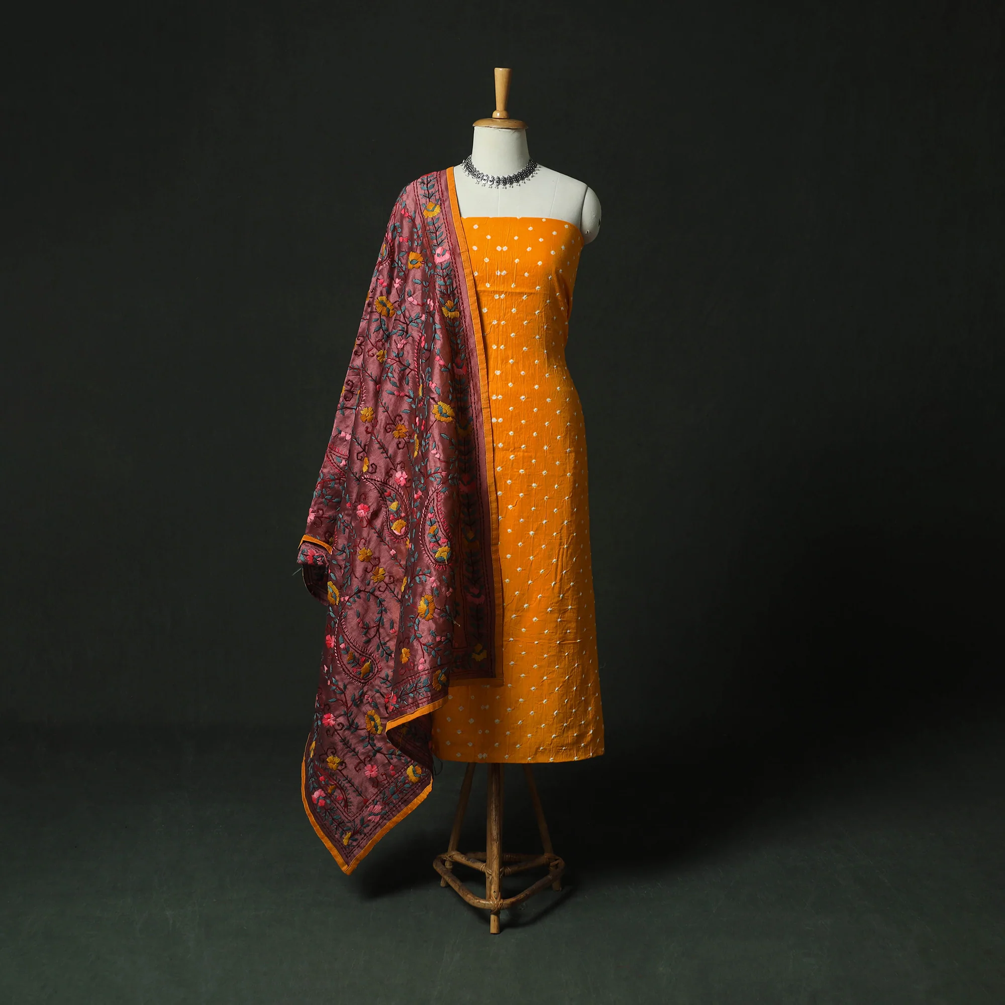 Yellow - Kutch Bandhani Tie-Dye Cotton 2pc Unstitched Dress Material Kurta Set with Earrings 11