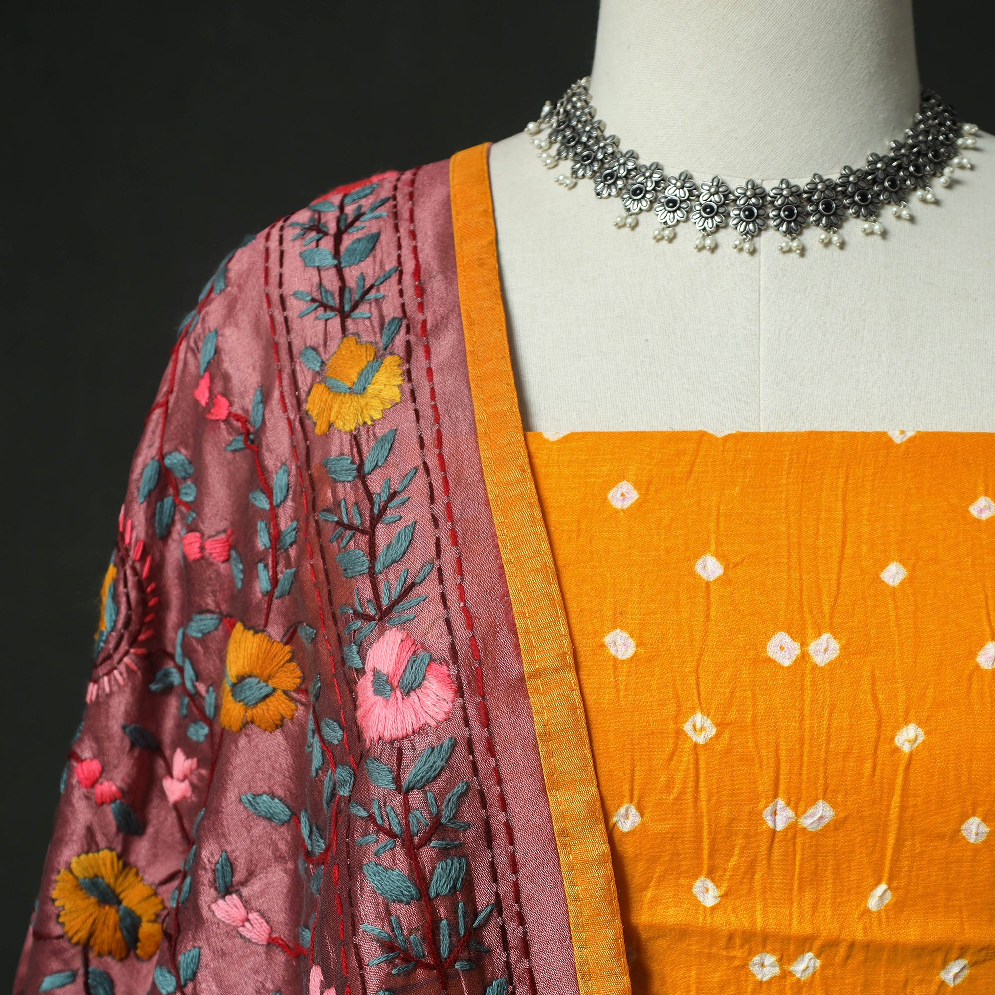 Yellow - Kutch Bandhani Tie-Dye Cotton 2pc Unstitched Dress Material Kurta Set with Earrings 11 - Image 3