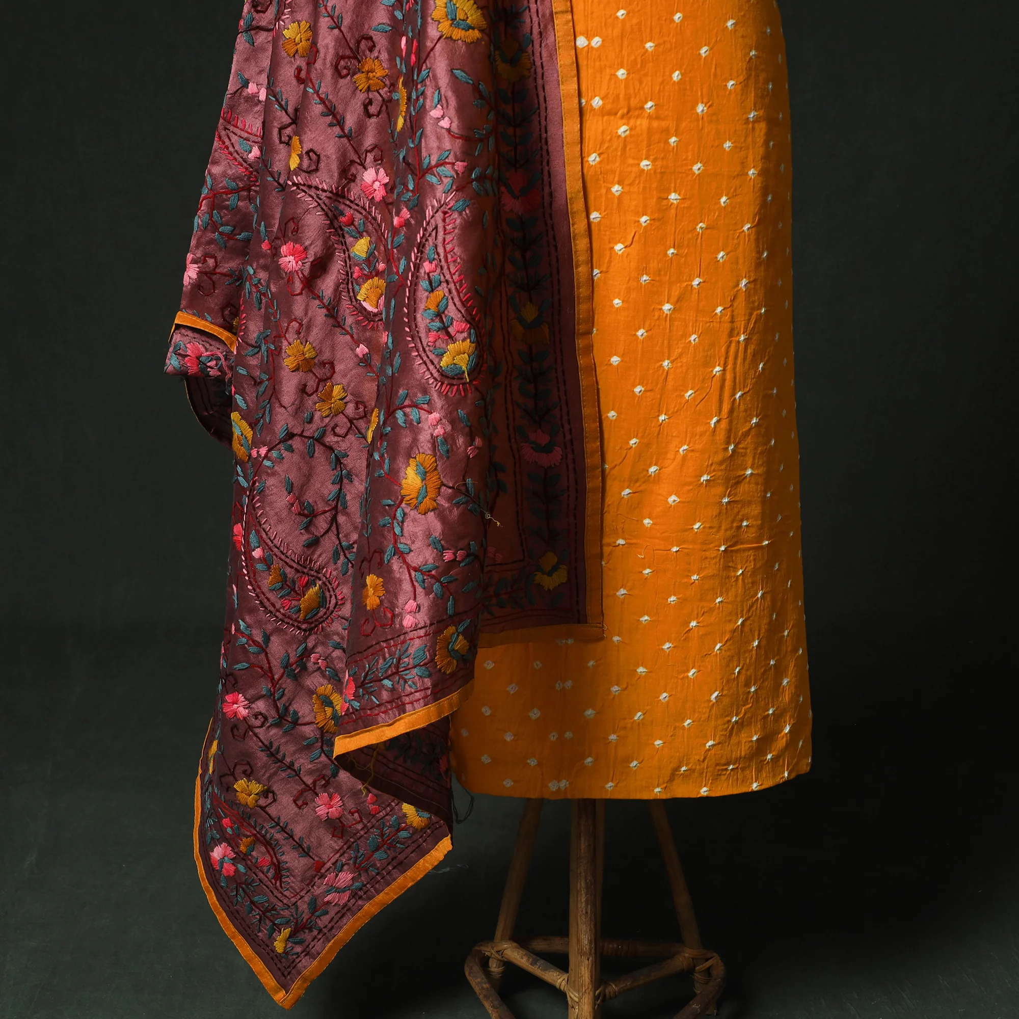 Yellow - Kutch Bandhani Tie-Dye Cotton 2pc Unstitched Dress Material Kurta Set with Earrings 11 - Image 4