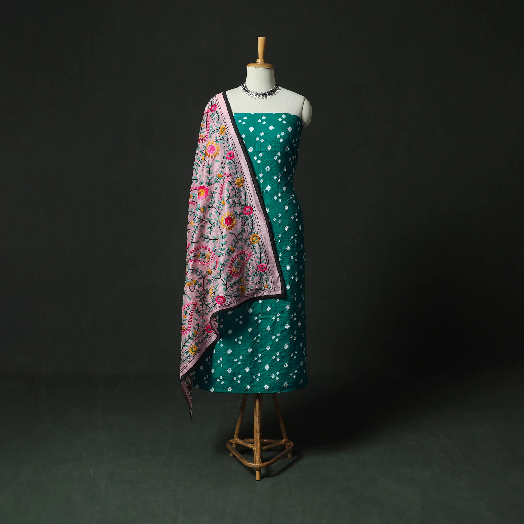 Green - Kutch Bandhani Tie-Dye Cotton 2pc Unstitched Dress Material Kurta Set with Earrings 12