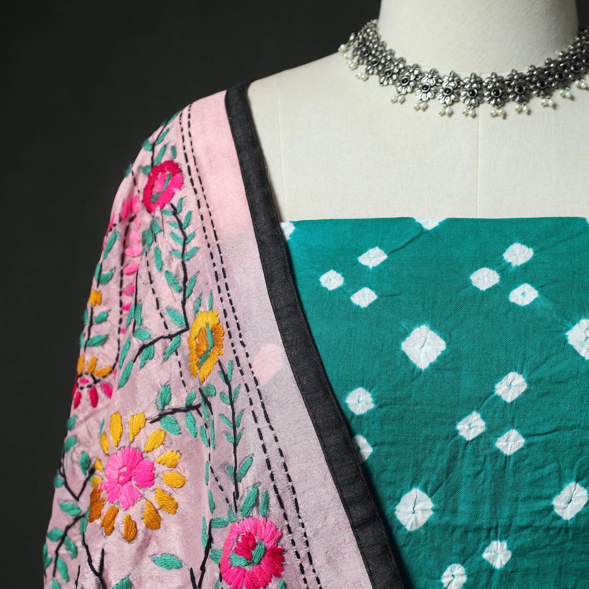 Green - Kutch Bandhani Tie-Dye Cotton 2pc Unstitched Dress Material Kurta Set with Earrings 12 - Image 3