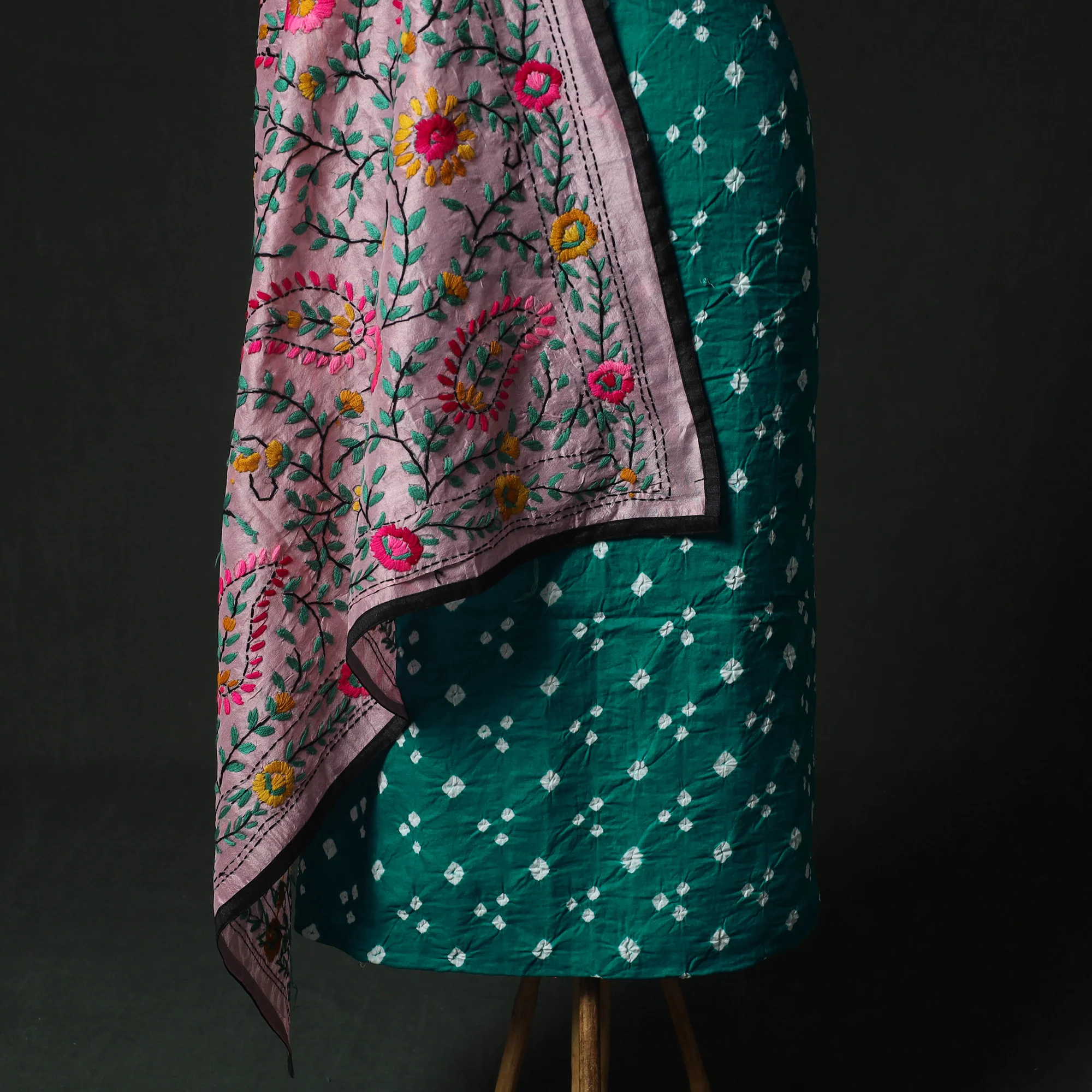 Green - Kutch Bandhani Tie-Dye Cotton 2pc Unstitched Dress Material Kurta Set with Earrings 12 - Image 4