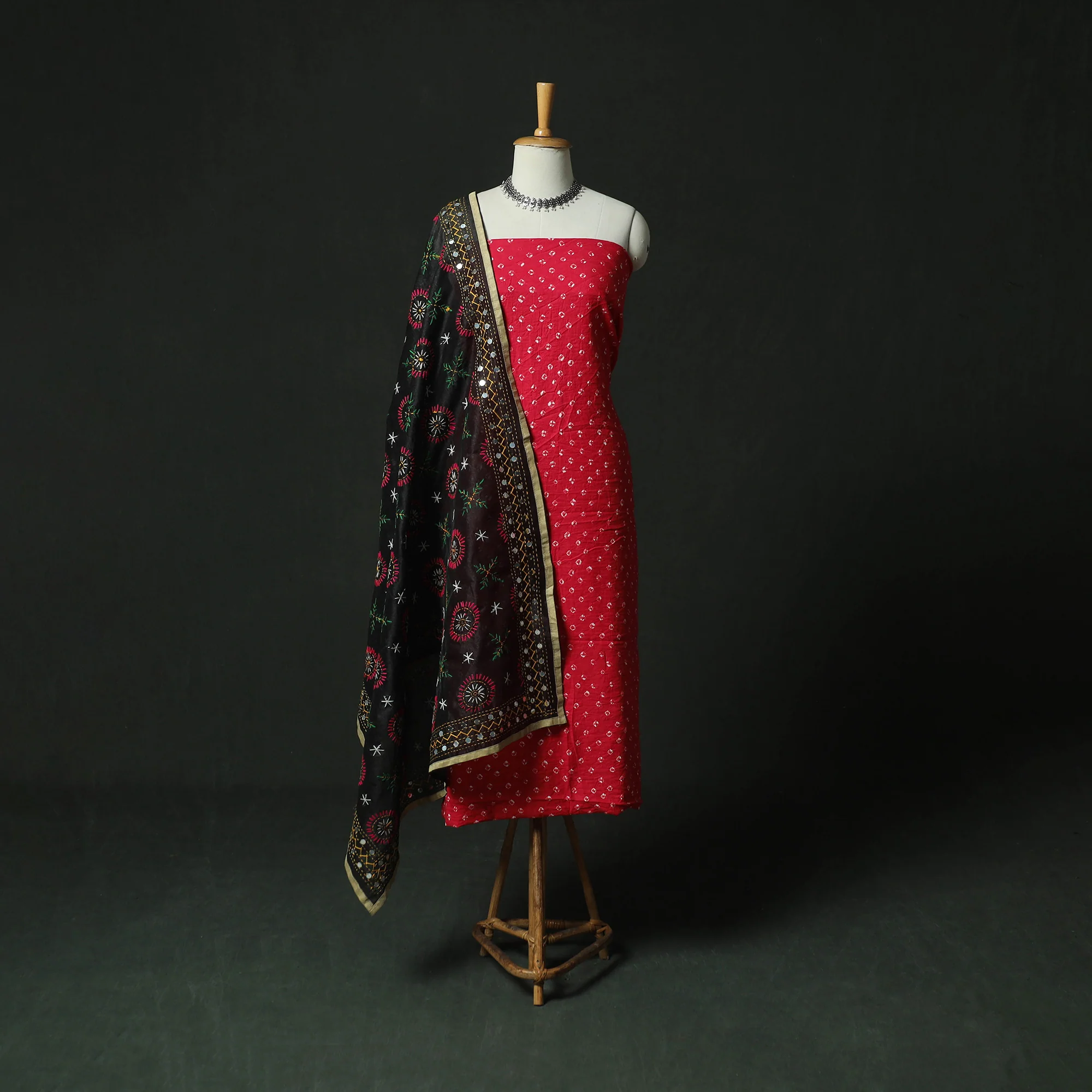 Pink - Kutch Bandhani Tie-Dye Cotton 2pc Unstitched Dress Material Kurta Set with Earrings 13